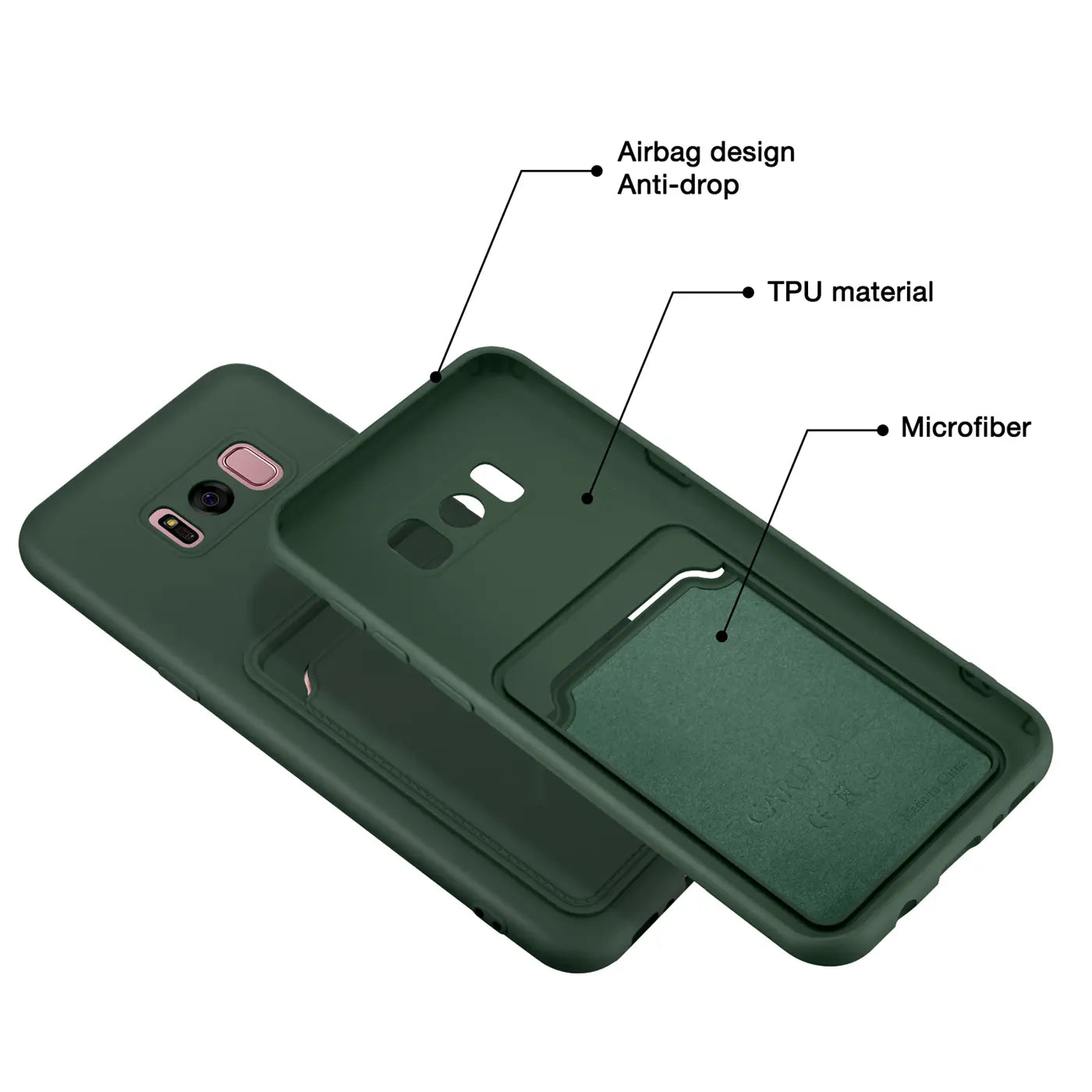 Dunkelgrüne TPU-Hülle mit Kartenfach für Samsung Galaxy S8 Plus, von schräg oben gezeigt.