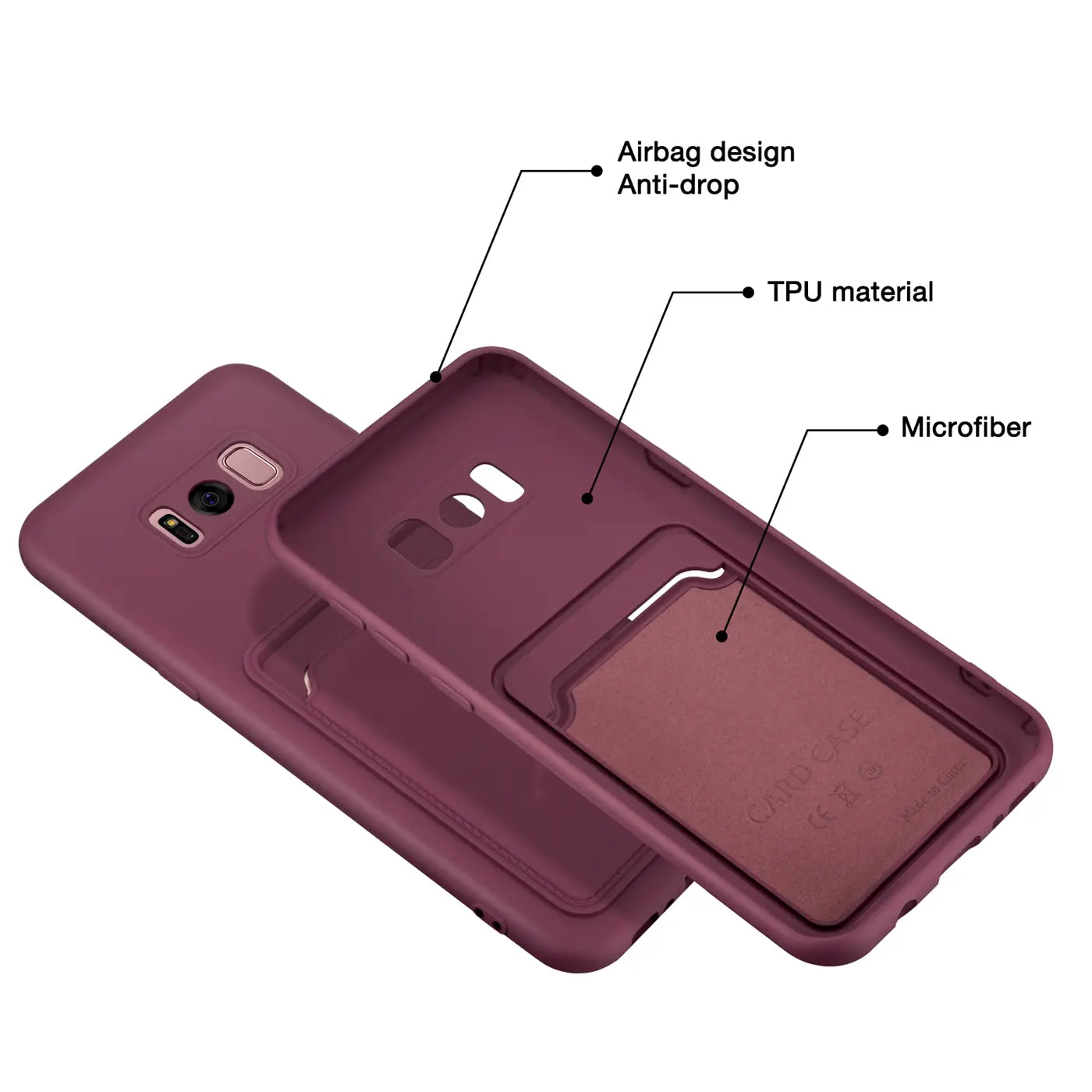 Dunkelrote TPU-Hülle mit Kartenfach für Samsung Galaxy S8 Plus, von oben gezeigt