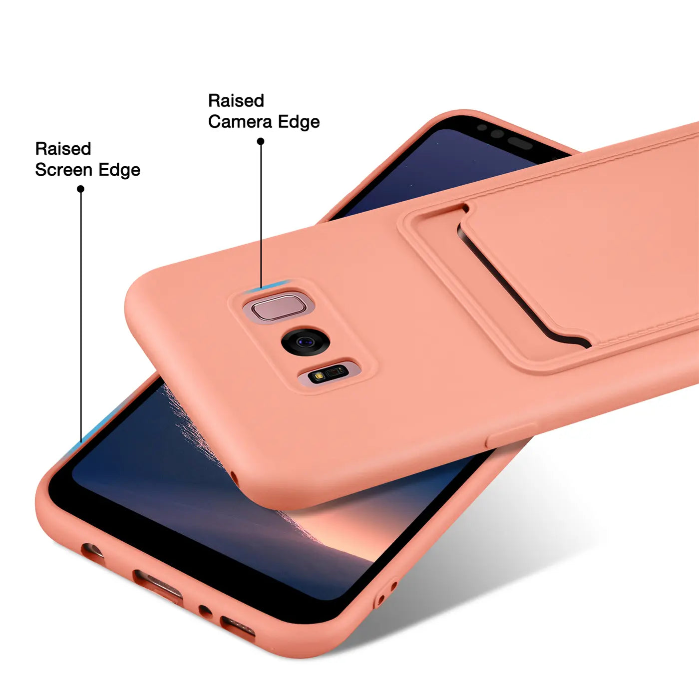 Pfirsichfarbene Slim Hülle aus Kunststoff mit Kartenfach für Samsung S8 Plus, von oben schräg