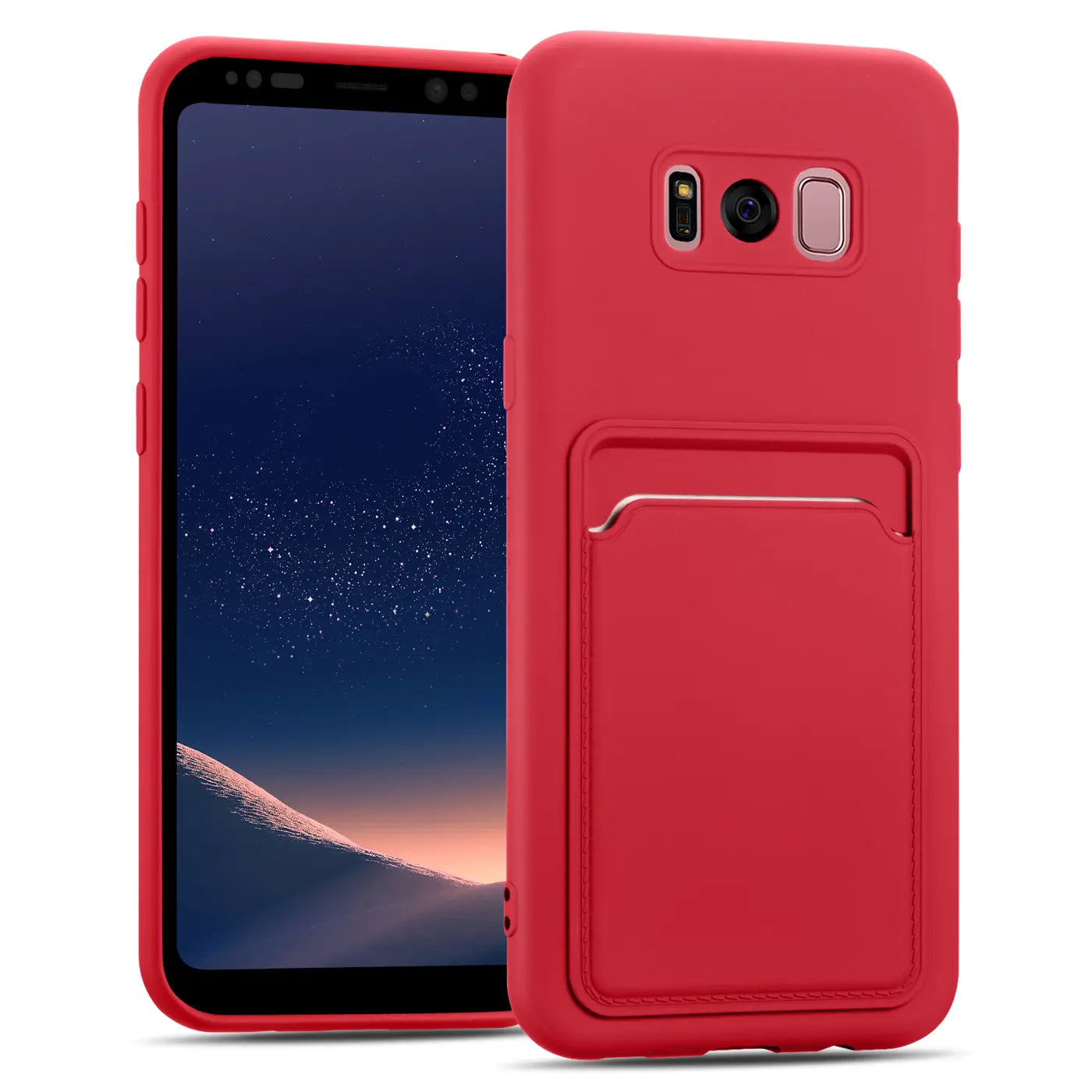 Rote Slim Hülle aus Kunststoff mit Kartenfach für Samsung Galaxy S8 Plus, von vorne und hinten gezeigt.