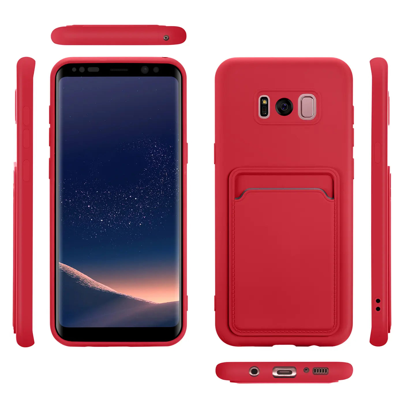 Rote Slim Hülle mit Kartenfach für Samsung Galaxy S8 Plus, verschiedene Ansichten