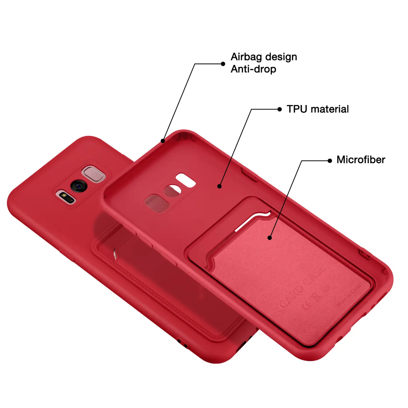 Rote TPU-Hülle mit Kartenfach für Samsung Galaxy S8 Plus, von oben gesehen.