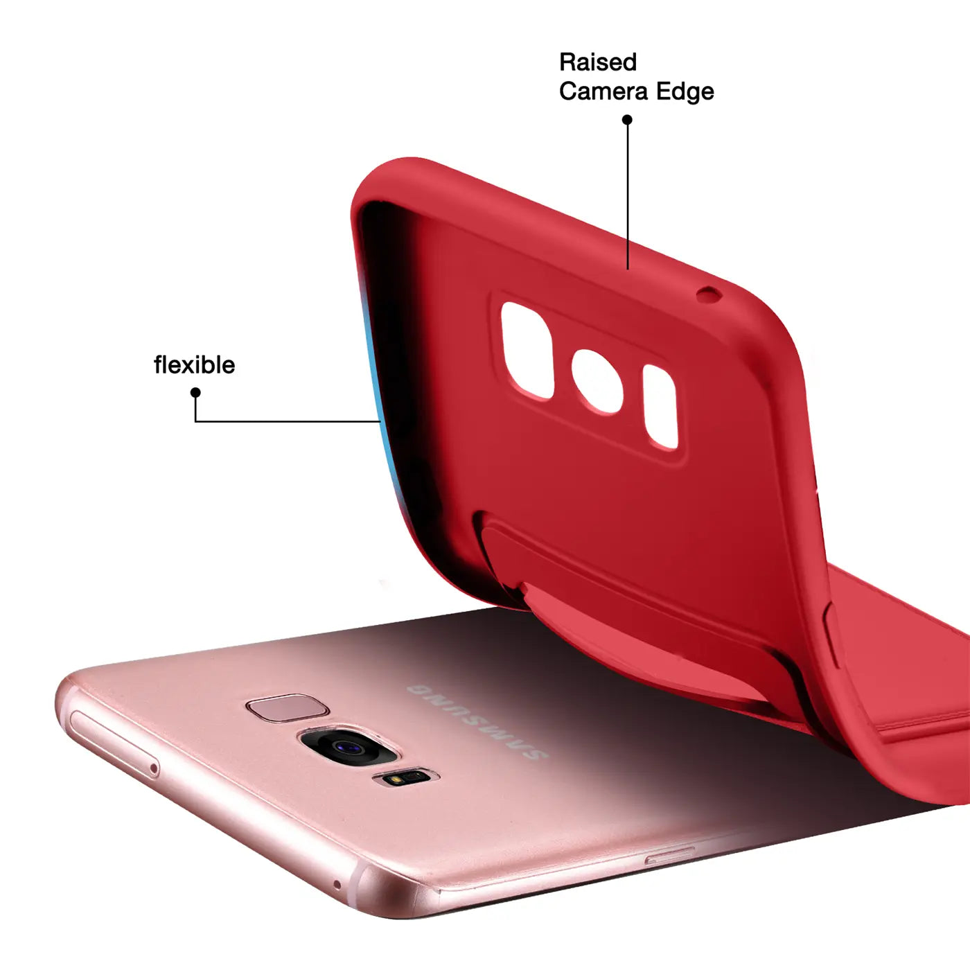 Rote flexible Hülle über Samsung Galaxy S8 Plus, von oben gesehen.