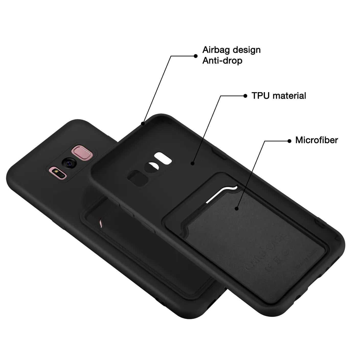 Schwarze TPU-Hülle mit Kartenfach für Samsung Galaxy S8 Plus, von hinten gezeigt.