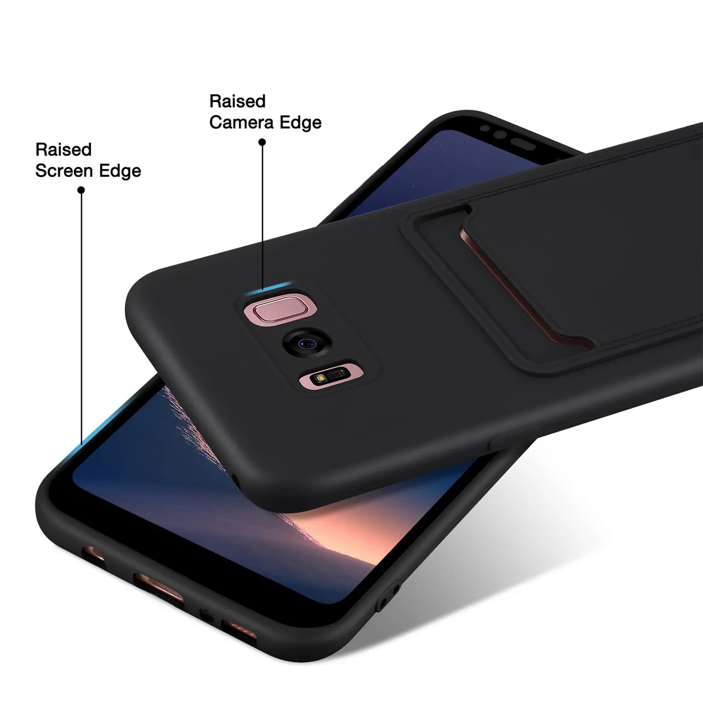 Schwarze Hülle aus Kunststoff mit Kartenfach, von schräg oben auf Samsung Galaxy S8 Plus