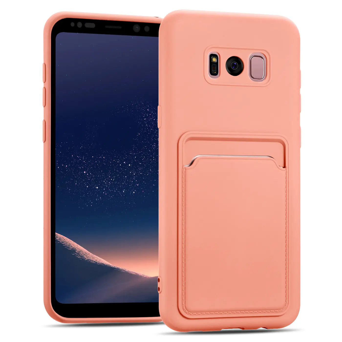 Korallefarbene Hülle aus Kunststoff mit Kartenfach für Samsung Galaxy S8, von vorne/leicht schräg.