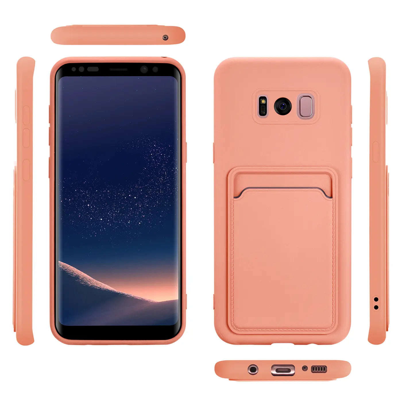 Lachsfarbene Hülle mit Kartenfach für Samsung Galaxy S8, verschiedene Ansichten.