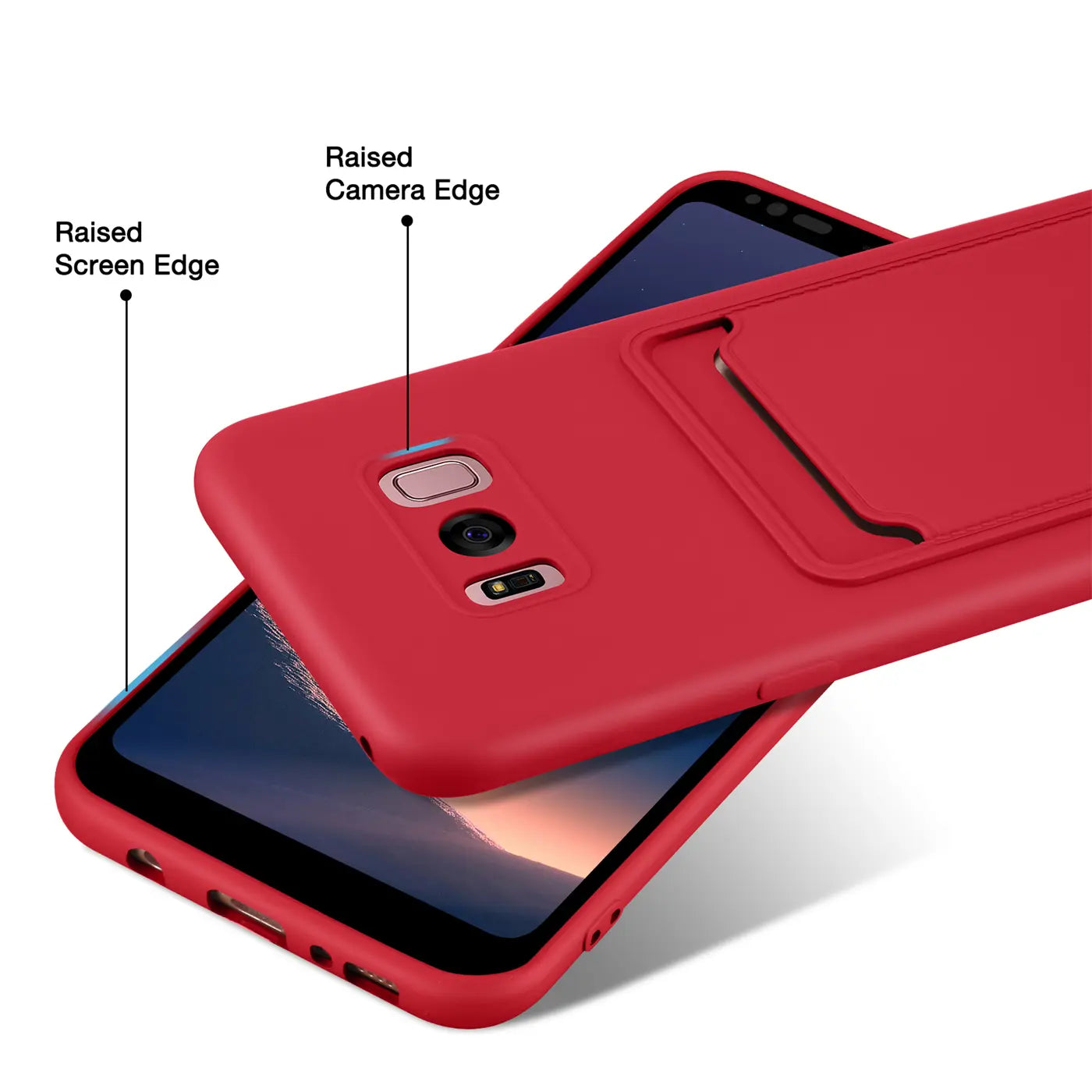 Rote Slim Hülle aus Kunststoff mit Kartenfach, zeigt Rückseite eines Samsung Galaxy S8.
