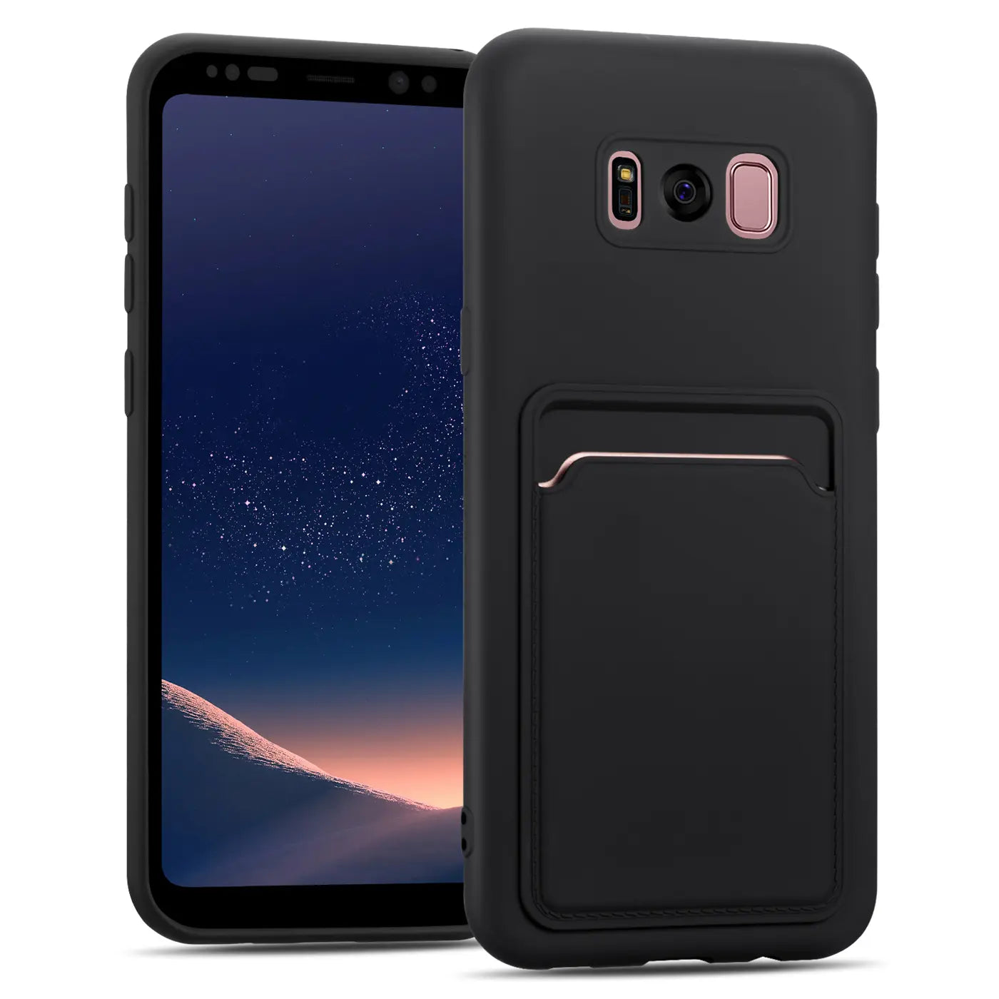Schwarze Slim Hülle aus Kunststoff mit Kartenfach für Samsung Galaxy S8, von vorne und hinten gezeigt.