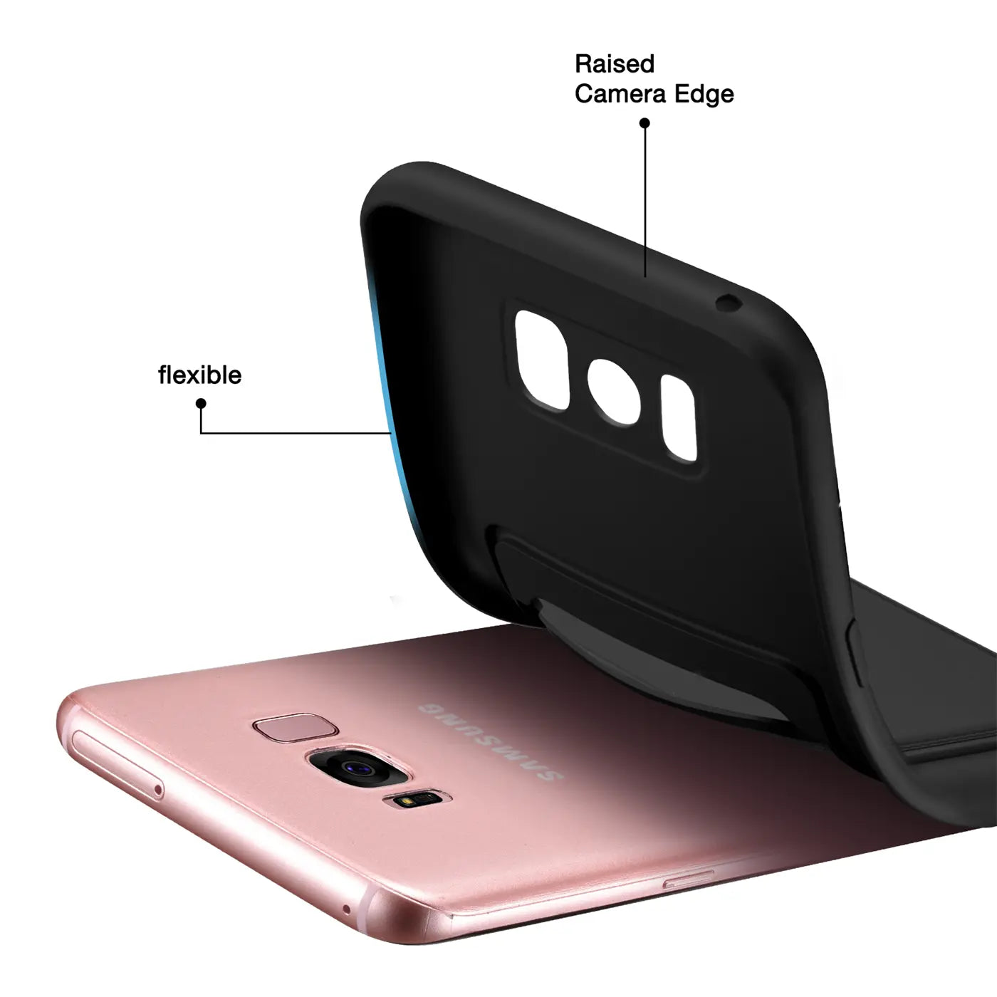 Schwarze flexible Hülle wird auf rosafarbenes Samsung S8 gelegt, von oben.