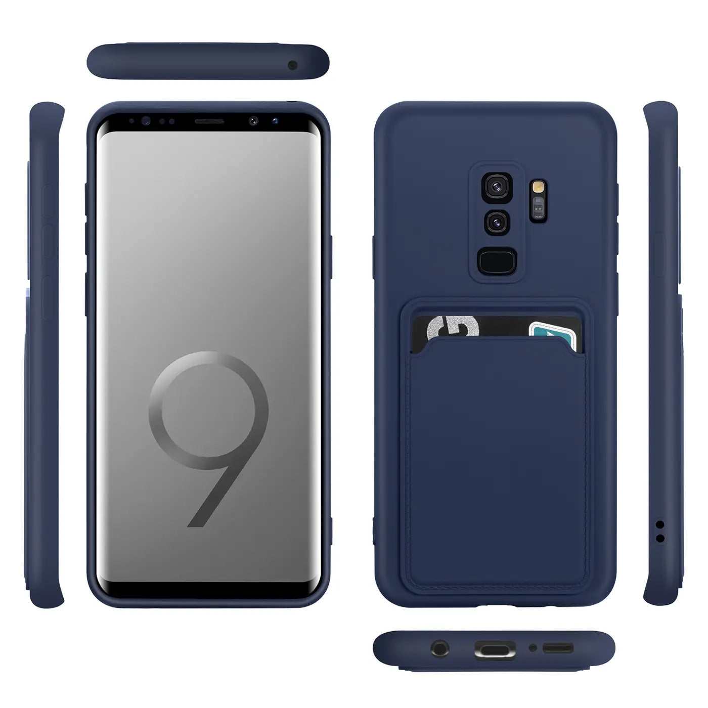 Dunkelblaue Handyhülle aus Kunststoff mit Kartenfach für Samsung Galaxy S9, verschiedene Ansichten