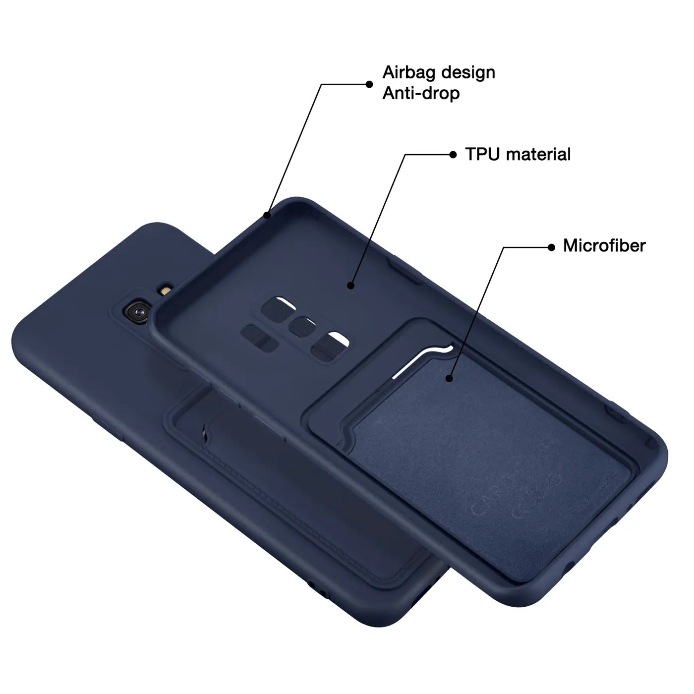 Dunkelblaue TPU-Hülle mit Kartenfach für Samsung Galaxy S9, von oben gezeigt.