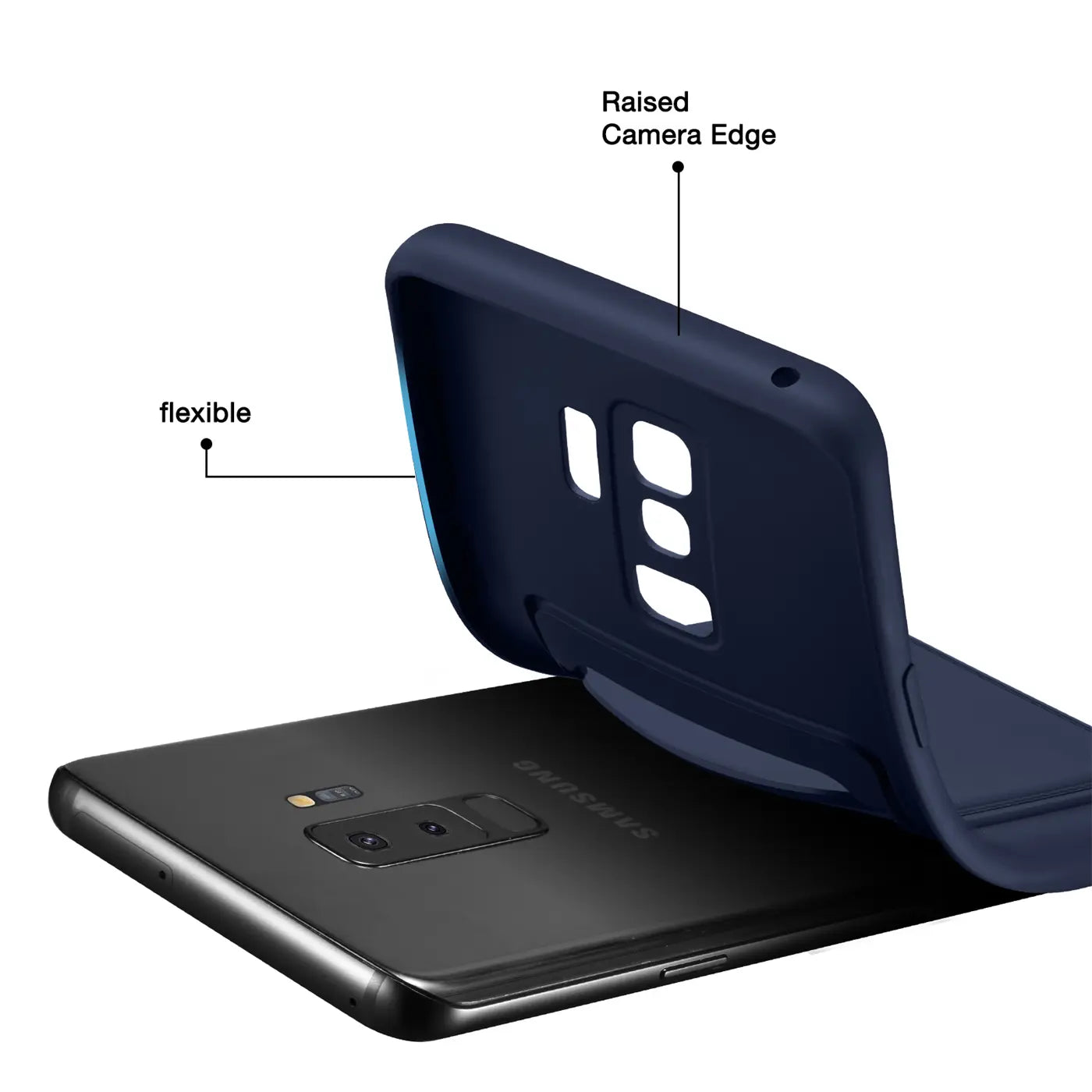 Dunkelblaue, flexible Hülle aus Gummi, die über ein Samsung Galaxy S9 gelegt wird.