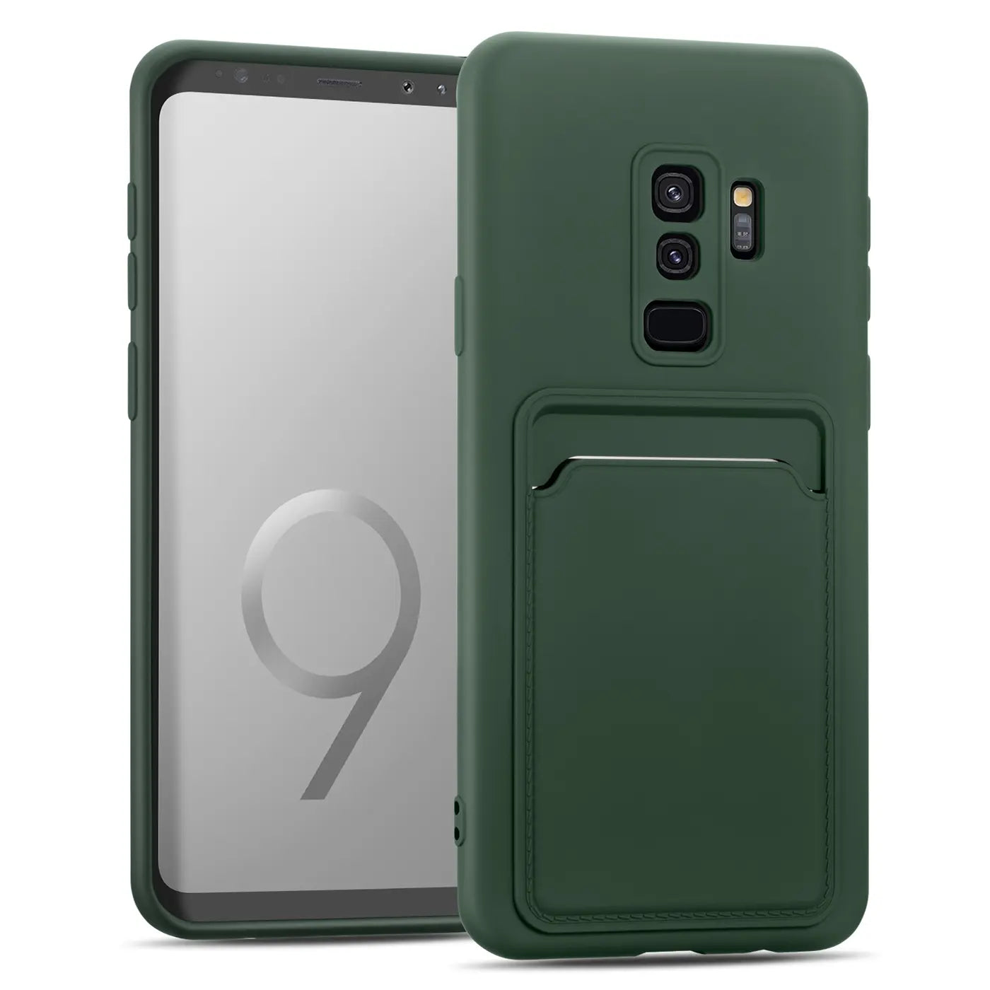 Dunkelgrüne Slim Hülle aus Kunststoff mit Kartenfach, seitliche Ansicht, Samsung Galaxy S9