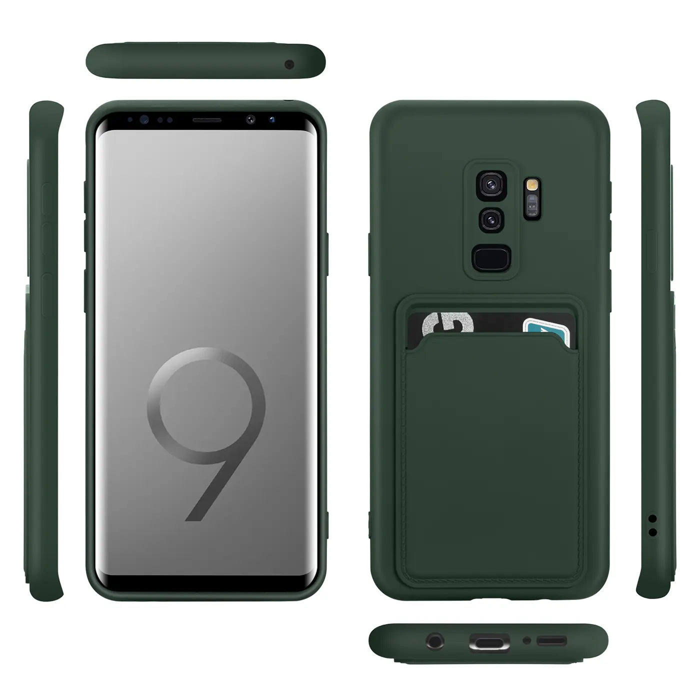 Dunkelgrüne Slim Hülle aus Kunststoff mit Kartenfach für Samsung Galaxy S9, verschiedene Ansichten.
