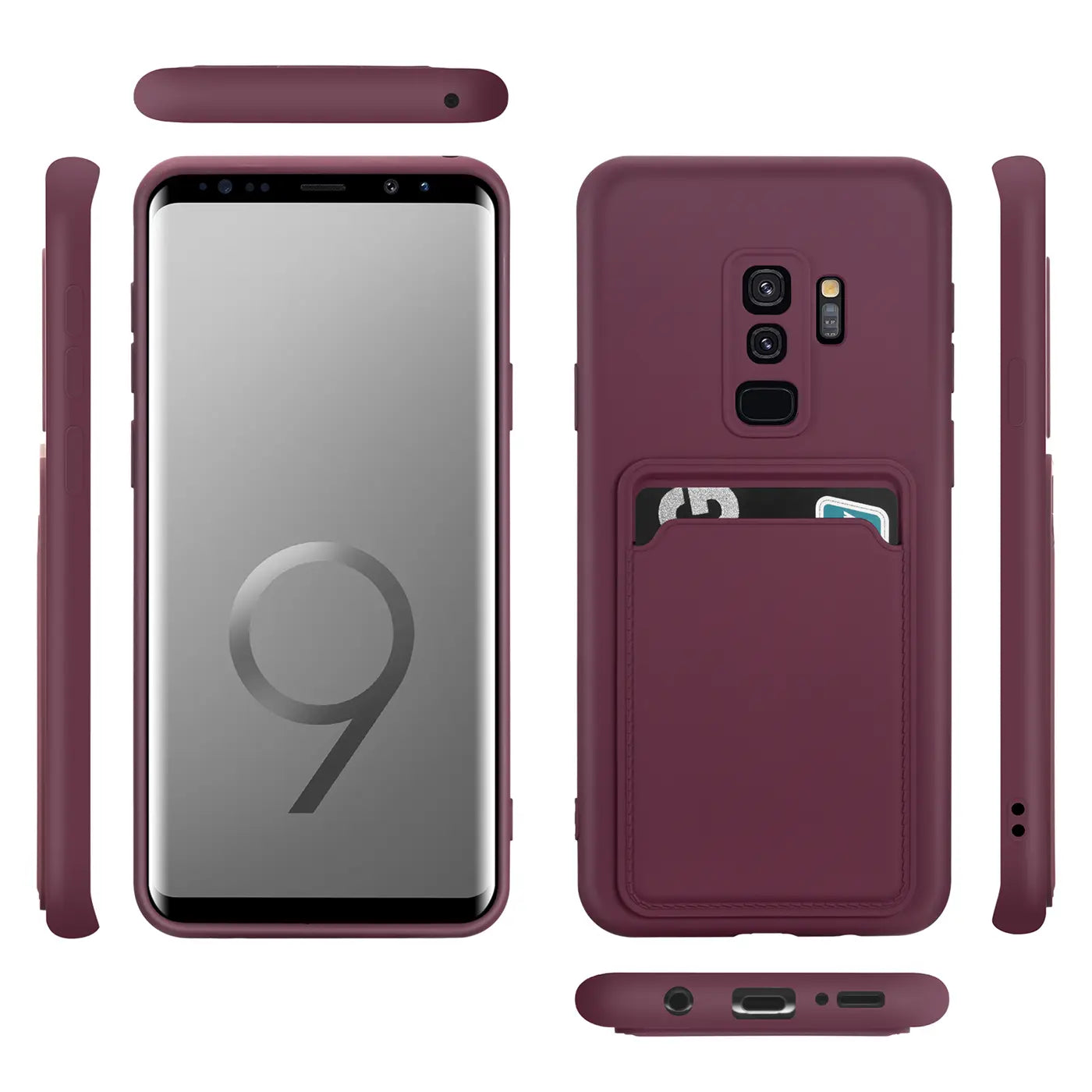 Dunkelrote Handyhülle aus Kunststoff mit Kartenfach, Vorder- und Rückansicht, Samsung Galaxy S9.