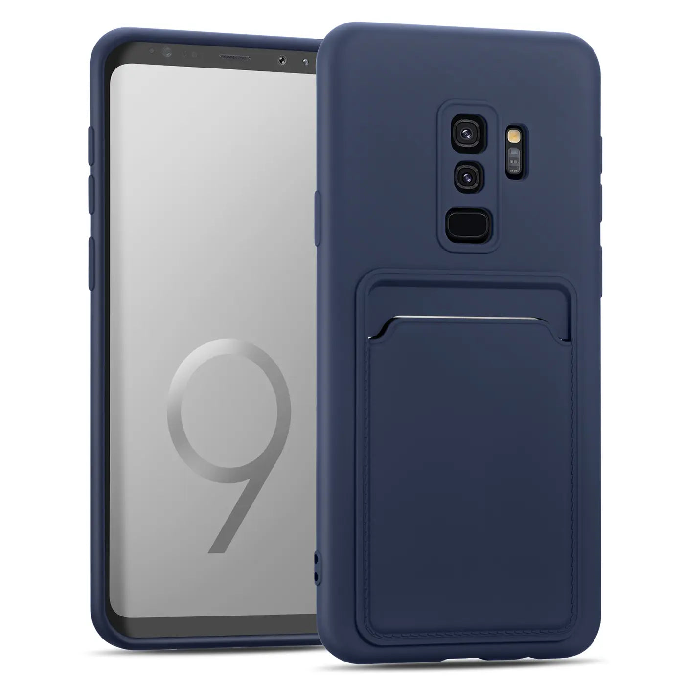 Dunkelblaue Slim Hülle aus Kunststoff mit Kartenfach, seitliche Ansicht, Samsung Galaxy S9 Plus.