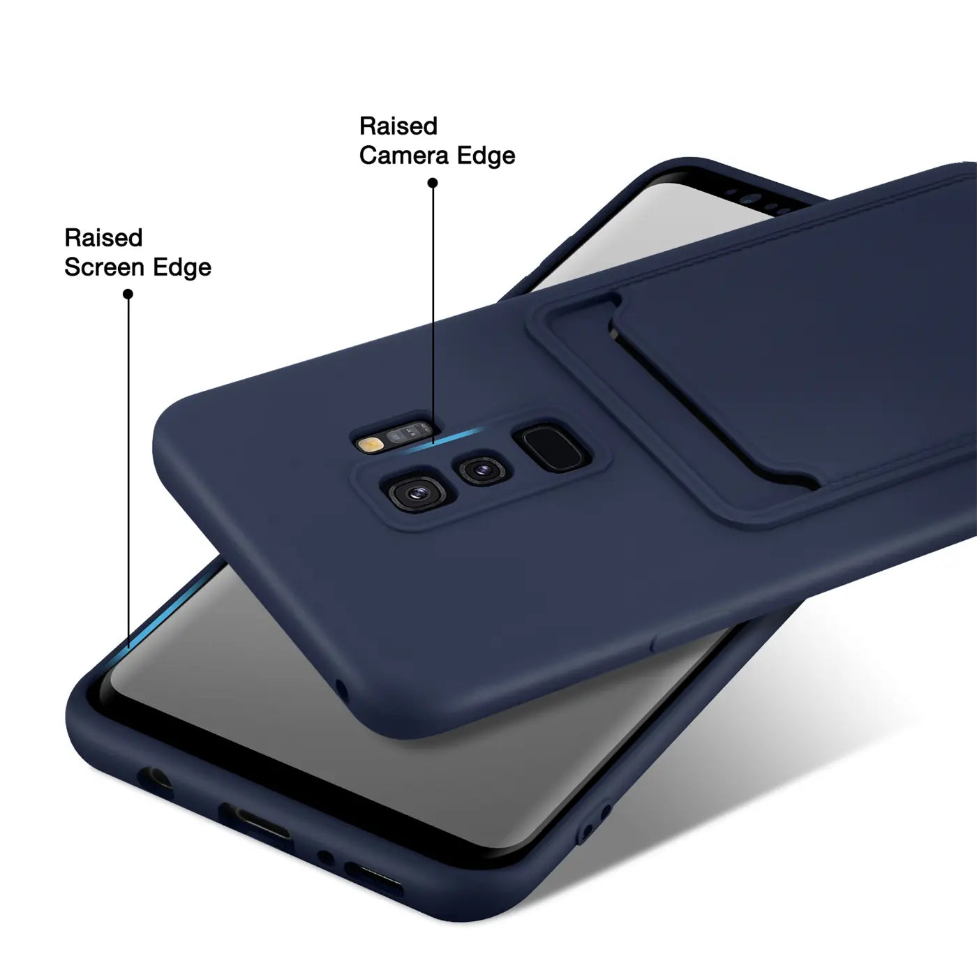 Dunkelblaue Hülle aus Kunststoff mit Kartenfach, zeigt Samsung Galaxy S9 Plus.