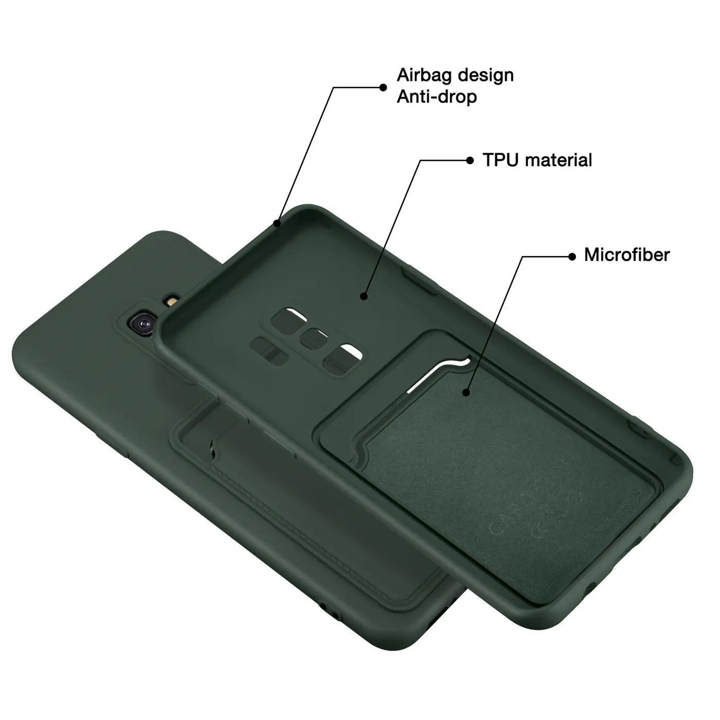 Dunkelgrüne TPU-Hülle mit Kartenfach für Samsung Galaxy S9 Plus, von oben gesehen.