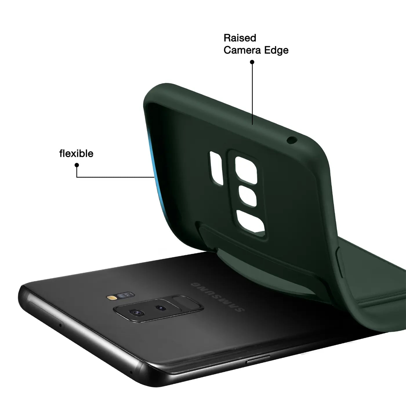 Dunkelgrüne flexible Hülle mit Kartenfach, die auf ein schwarzes Samsung Galaxy S9 Plus gelegt wird.