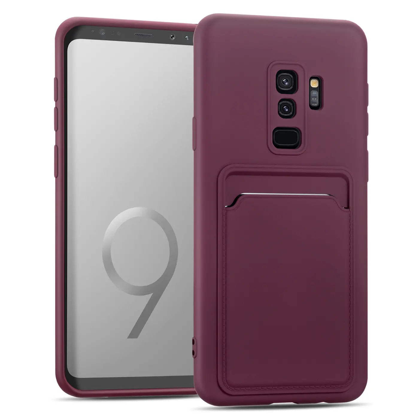 Dunkelrote Hülle aus Kunststoff mit Kartenfach für Samsung Galaxy S9 Plus, von vorne/seitlich