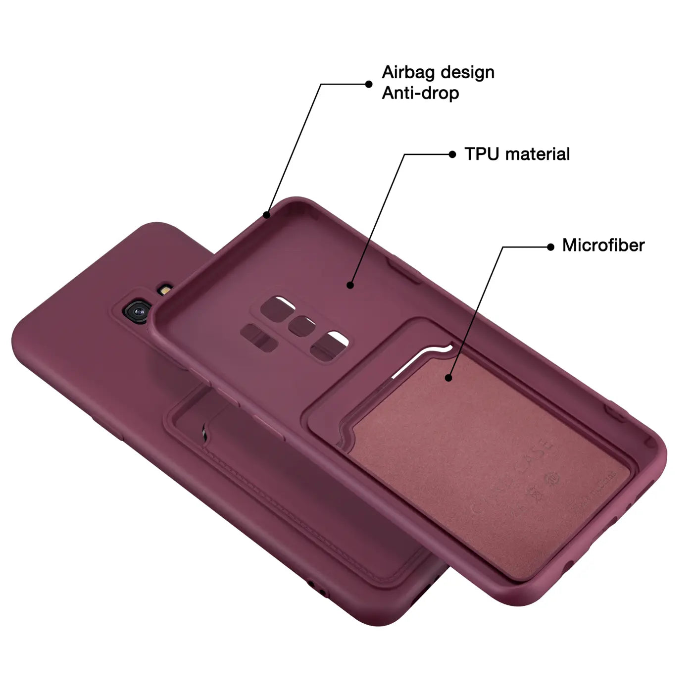 Dunkelrote TPU-Hülle mit Kartenfach, Innenfutter aus Mikrofaser, für Samsung Galaxy S9 Plus.