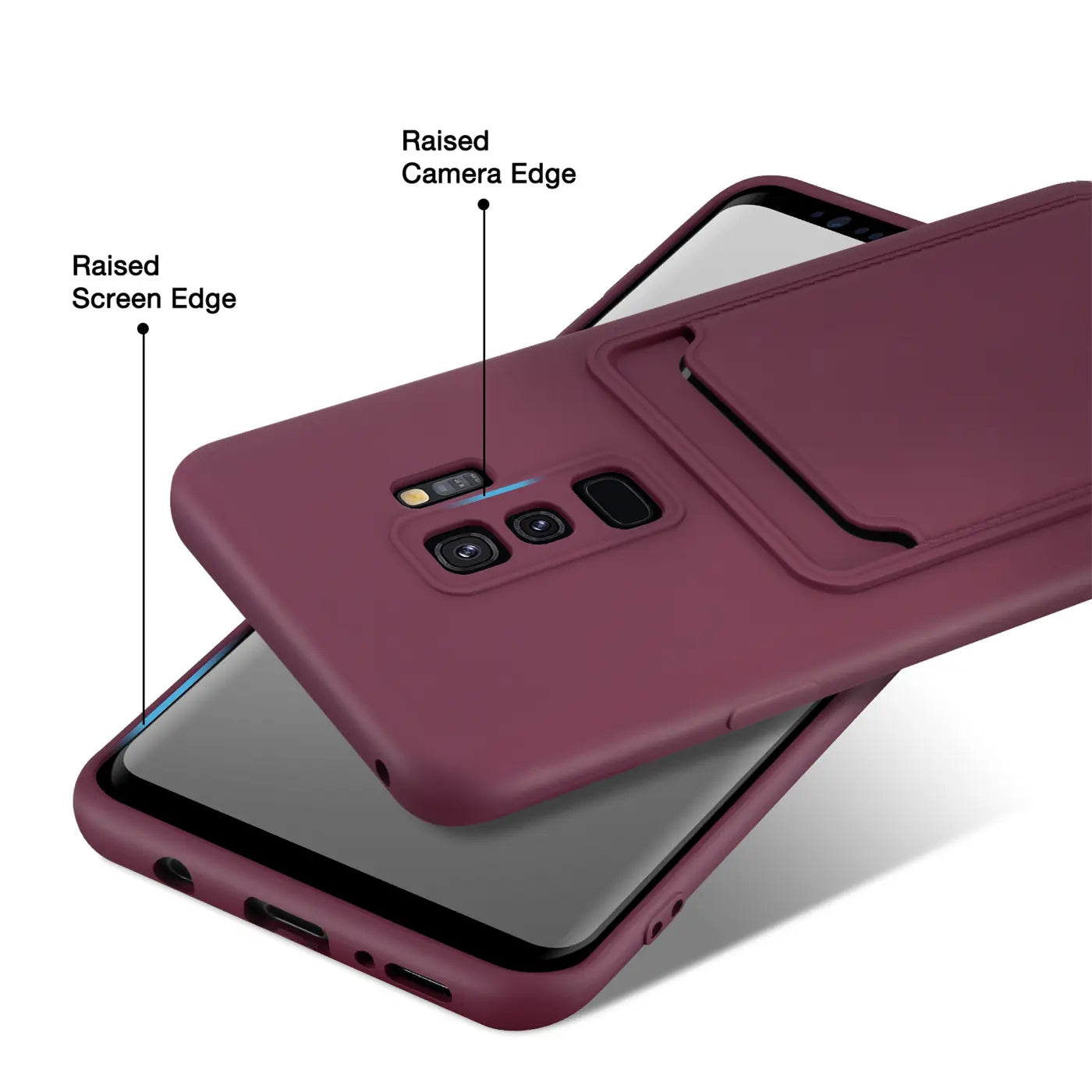 Dunkelrote Hülle aus Kunststoff mit Kartenfach, zeigt Samsung Galaxy S9 Plus von schräg oben.