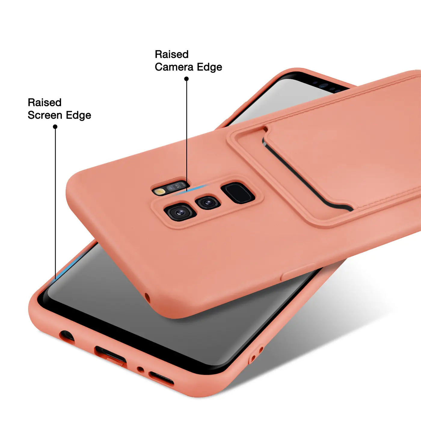 Korallenfarbene Slim Hülle mit Kartenfach für Samsung Galaxy S9 Plus, von schräg oben