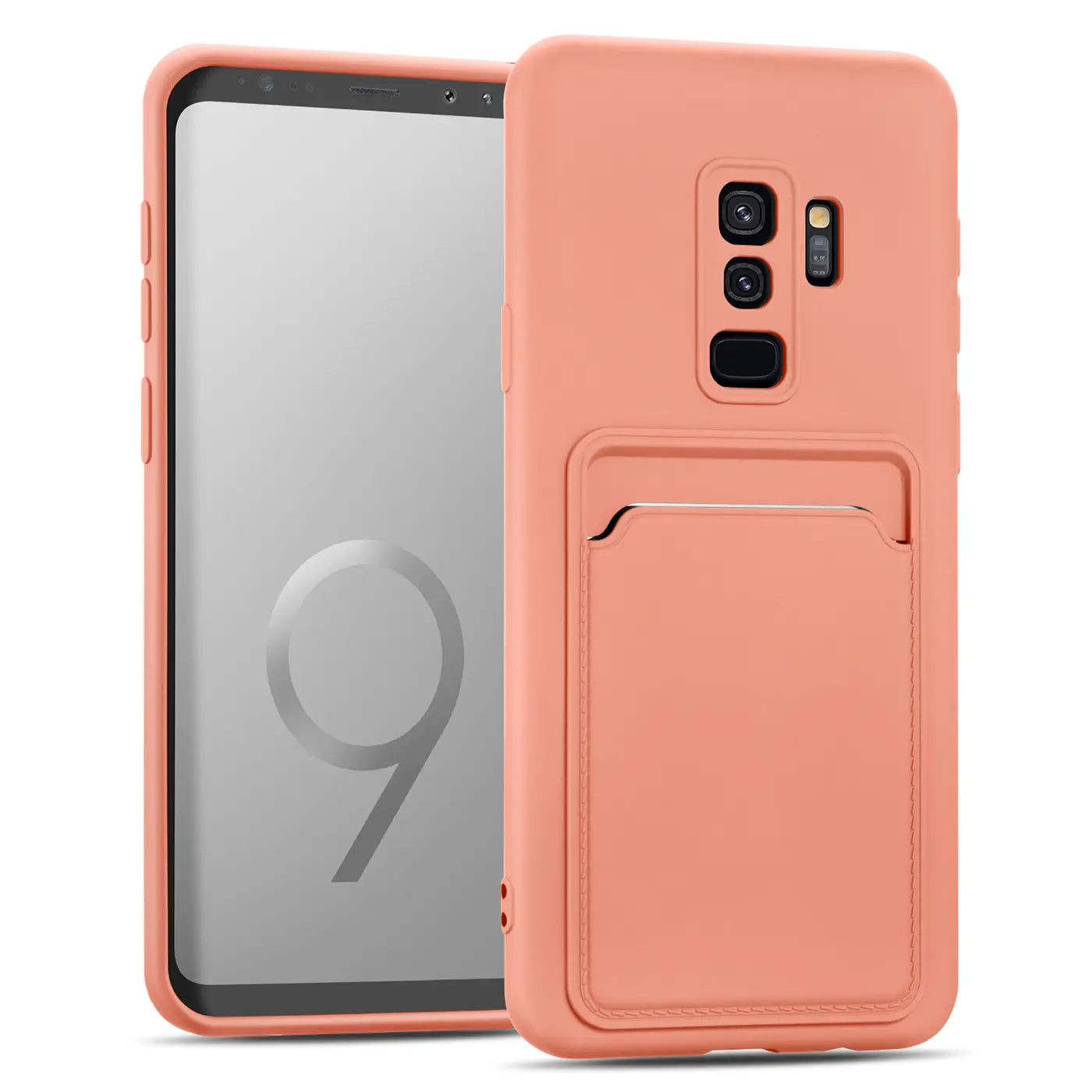 Korallefarbene Slim Hülle aus Kunststoff mit Kartenfach, Vorder- und Rückansicht, Samsung Galaxy S9.