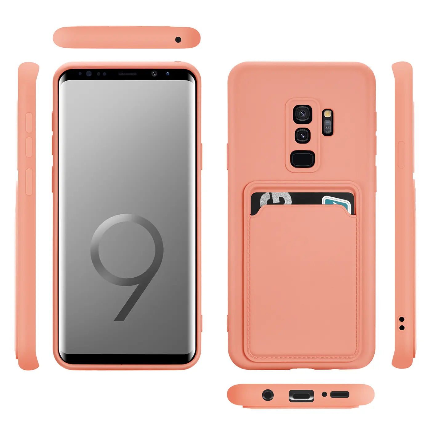 Korallfarbene Slim Hülle aus Kunststoff mit Kartenfach für Samsung Galaxy S9, verschiedene Ansichten.