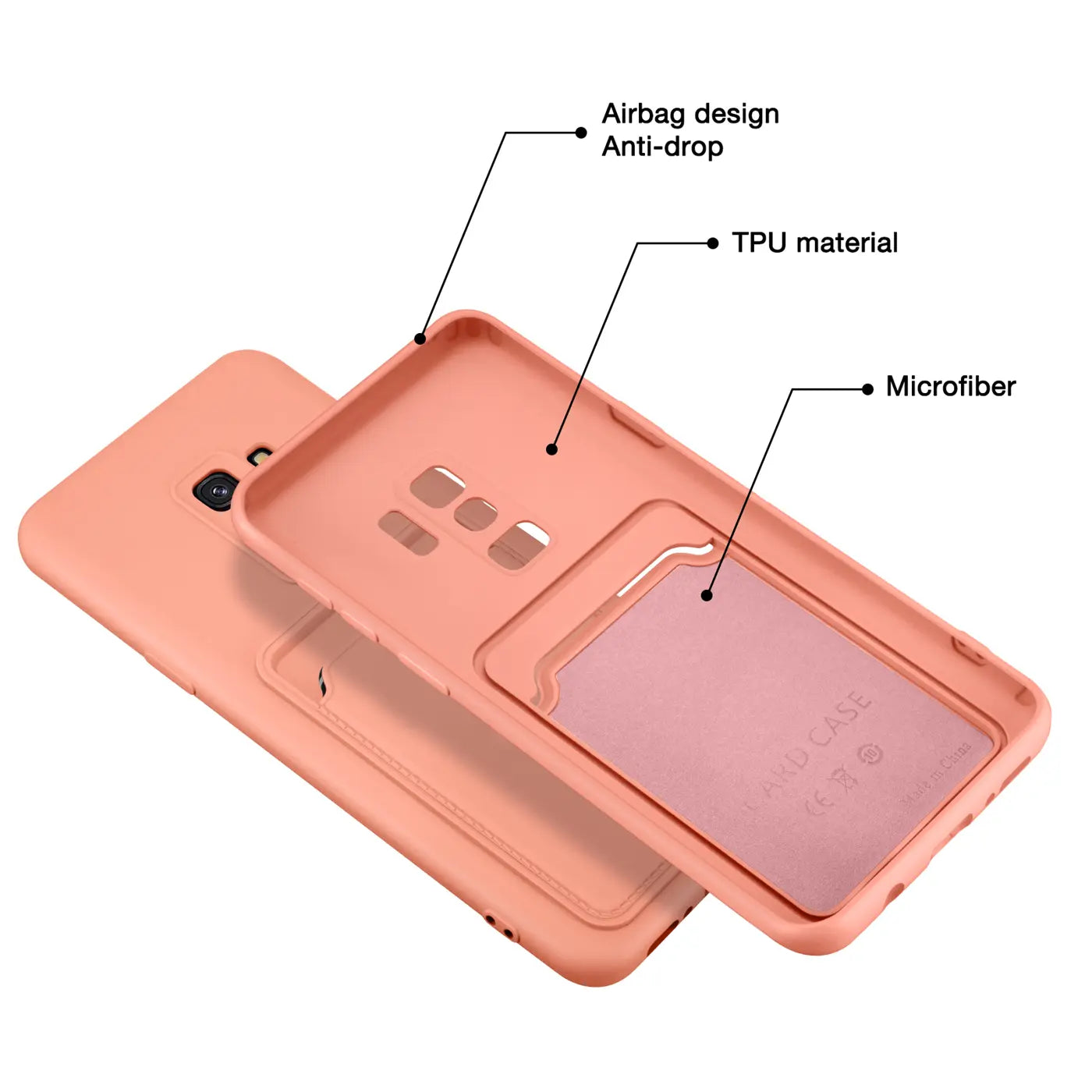 Korallefarbene TPU-Hülle mit Kartenfach für Samsung Galaxy S9, von oben gezeigt.