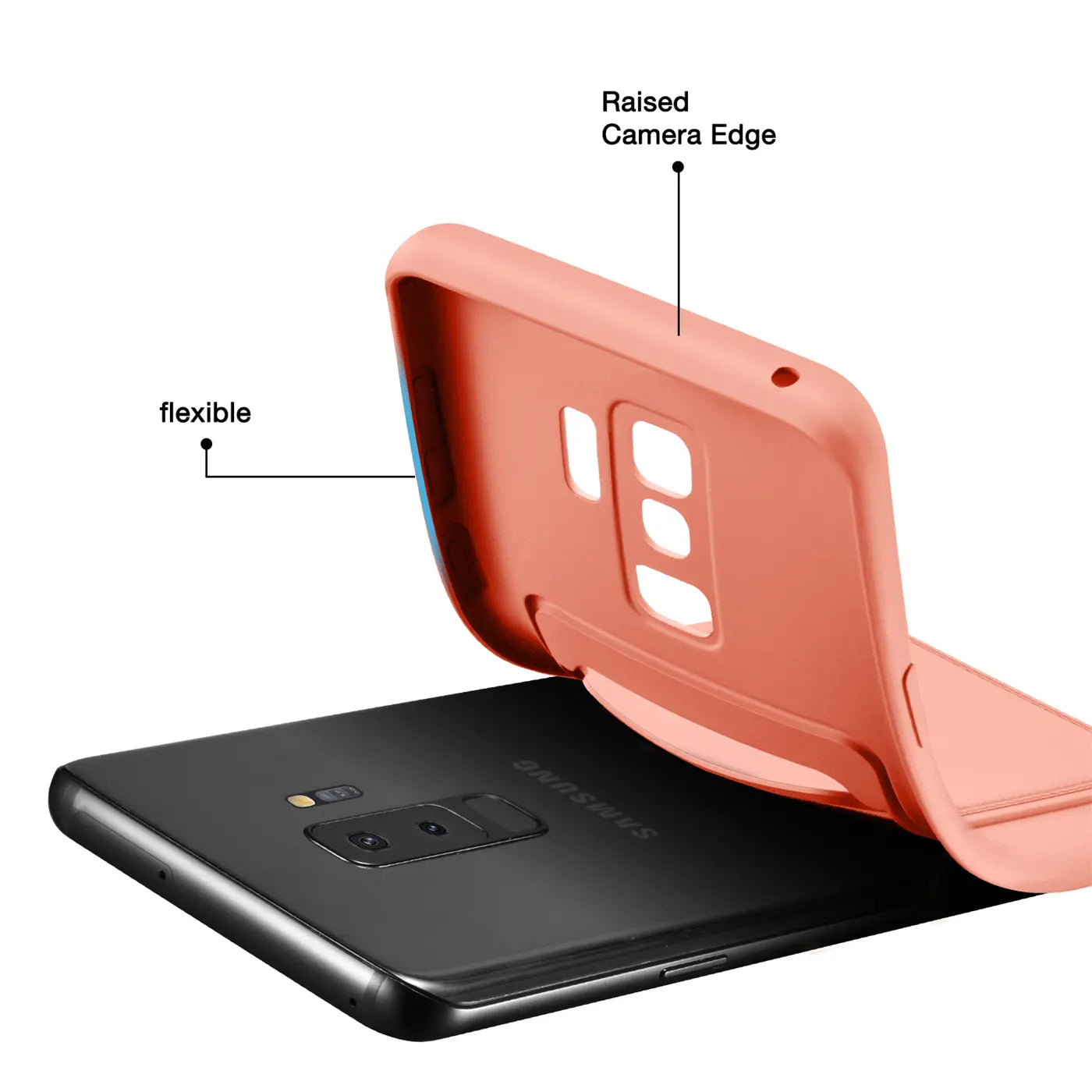 Korallenfarbene Hülle aus flexiblem Material über Samsung Galaxy S9, Rückansicht.