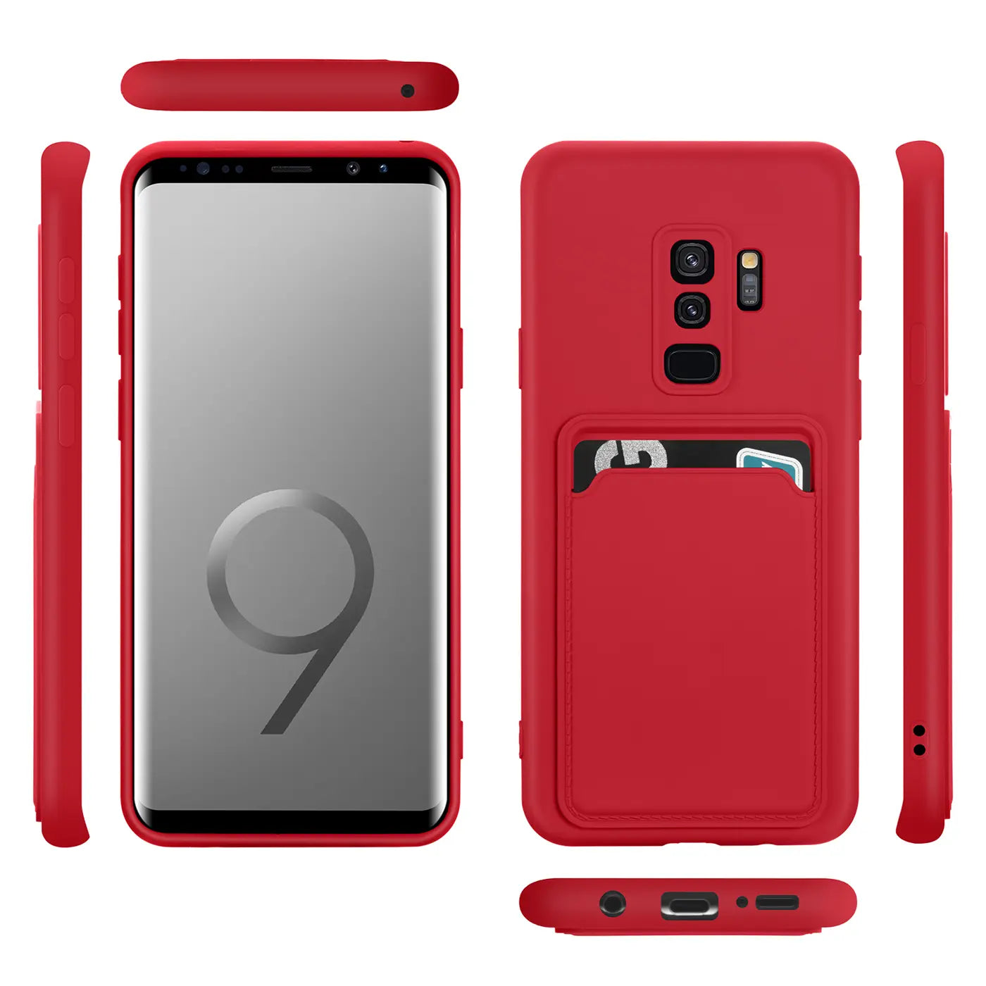 Rote Slim Hülle mit Kartenfach für Samsung Galaxy S9, verschiedene Ansichten, Kunststoff
