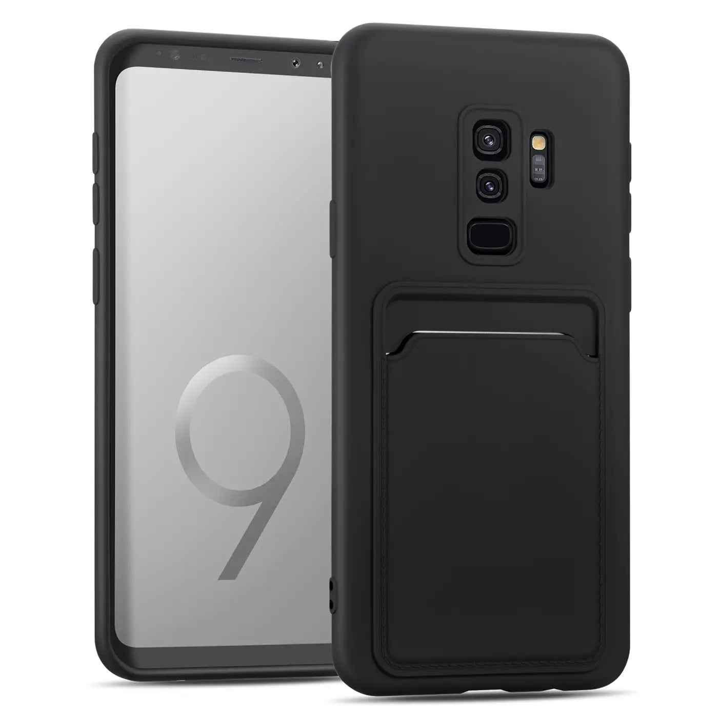 Schwarze Slim Hülle aus Kunststoff mit Kartenfach für Samsung Galaxy S9, von vorne links gesehen.