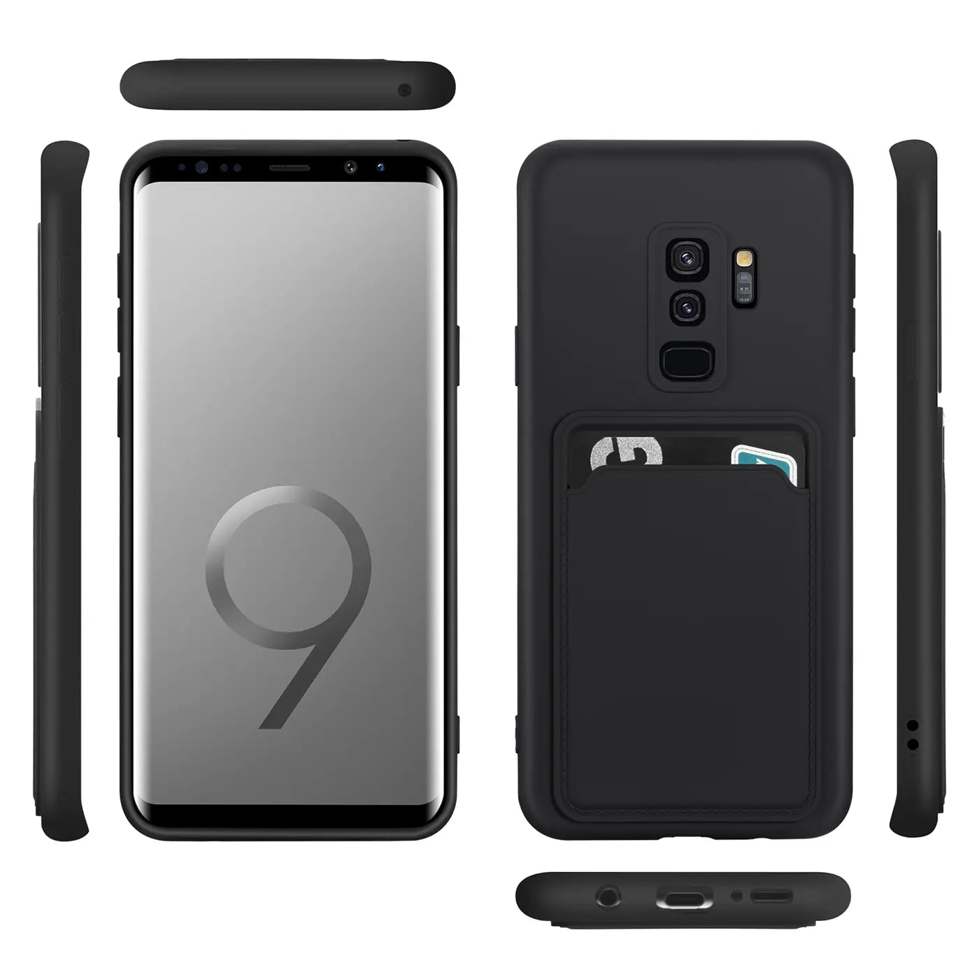 Schwarze Slim Hülle aus Kunststoff mit Kartenfach für Samsung Galaxy S9, verschiedene Ansichten