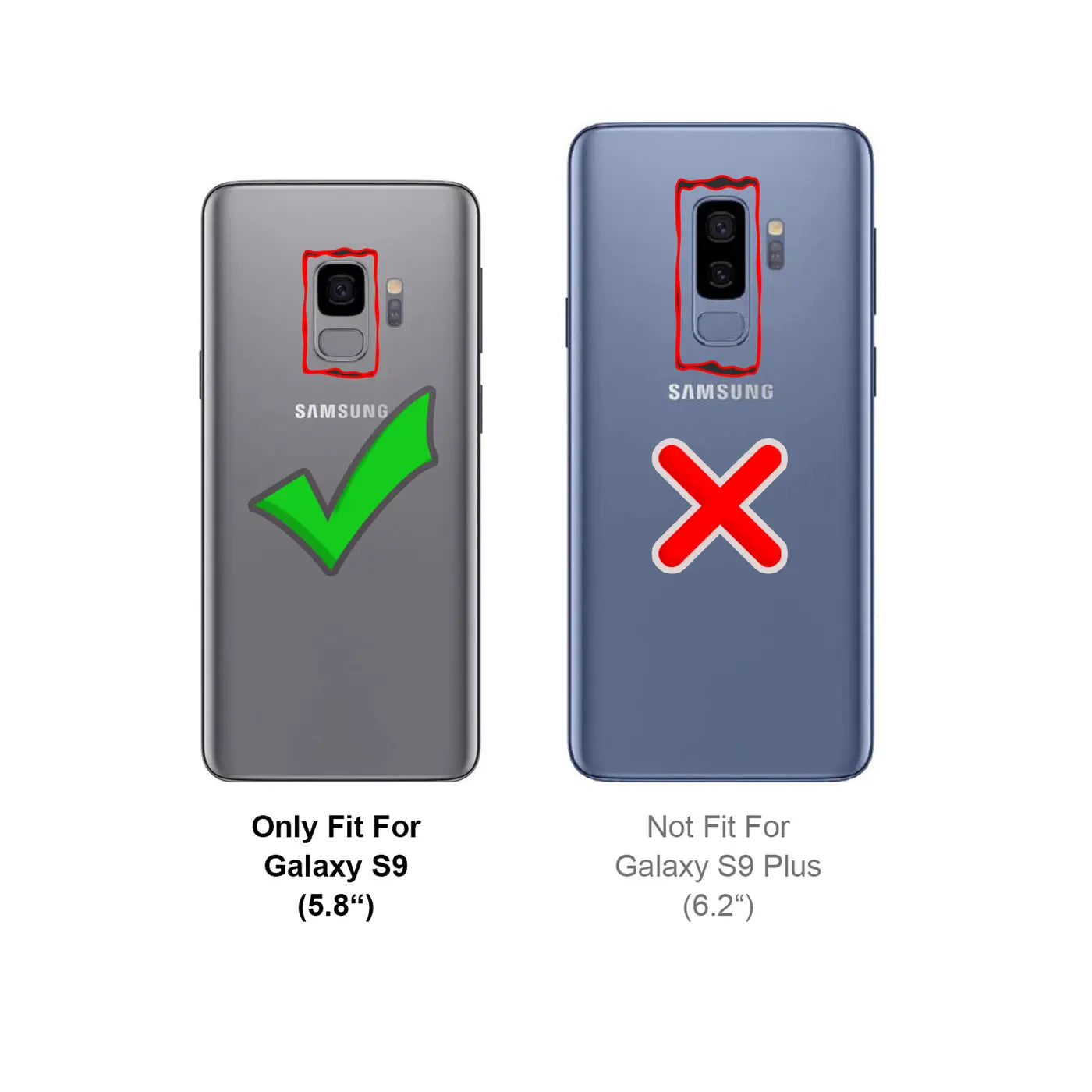 Rückseite zweier Samsung Galaxy S9-Smartphones, eines mit Häkchen, eines mit Kreuz.