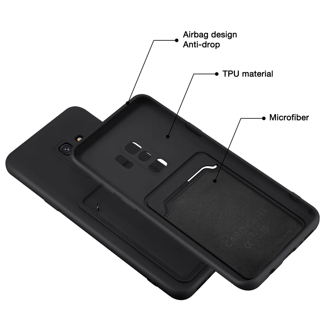 Schwarze TPU-Hülle mit Kartenfach für Samsung Galaxy S9, von innen gezeigt.