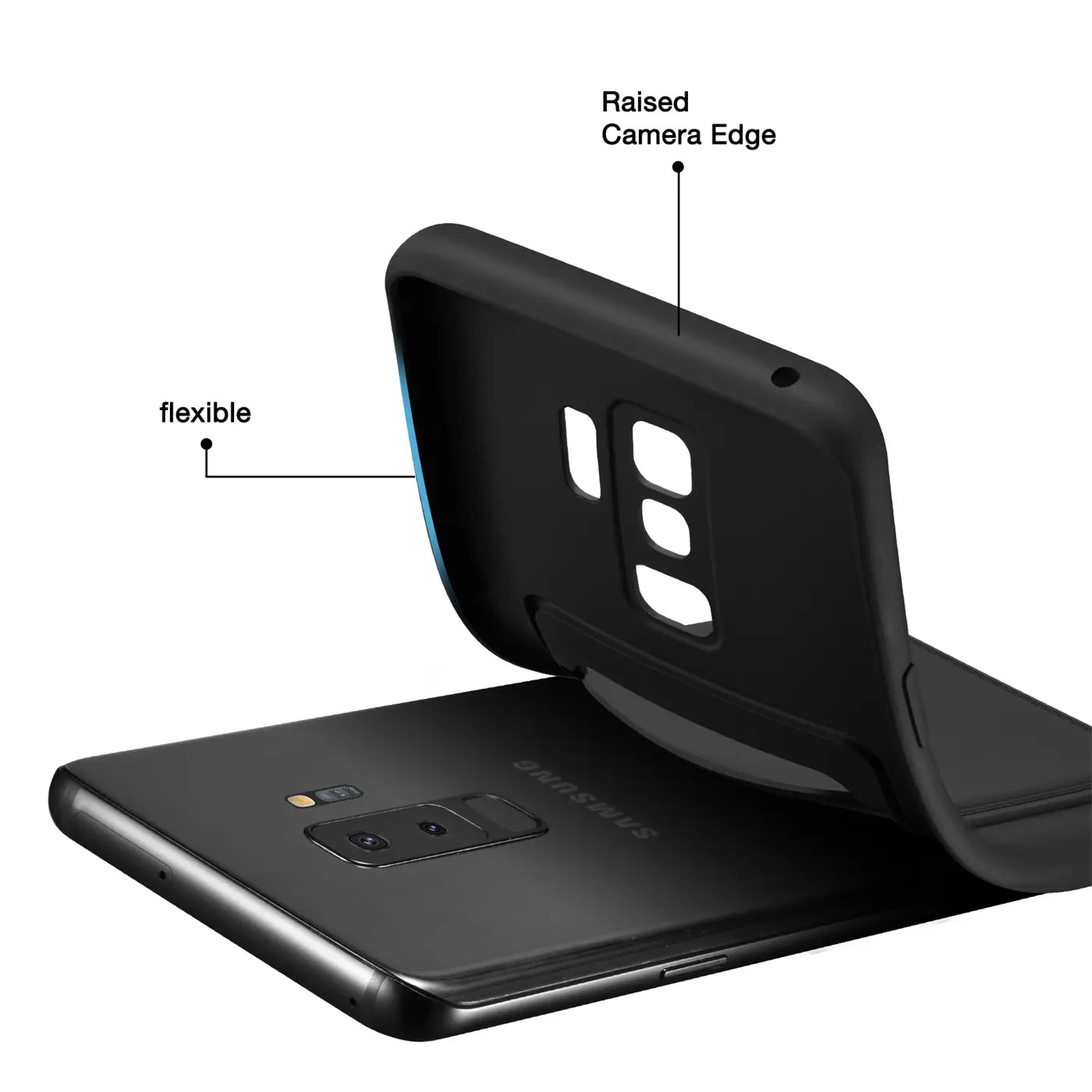 Schwarze, flexible Hülle mit Kartenfach auf Samsung Galaxy S9, von hinten gezeigt.