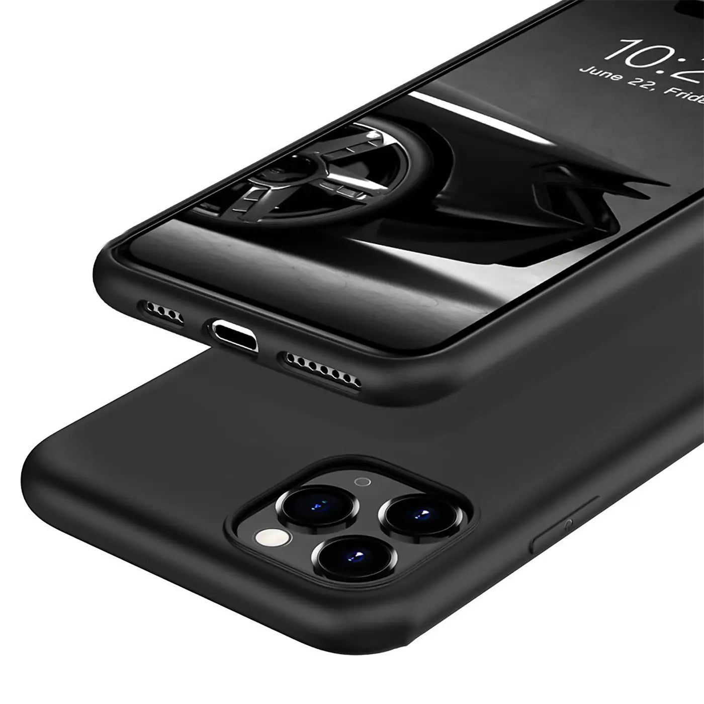 Schwarze Silikonhülle für iPhone 11 Pro Max, von hinten, matt, mit Kameraaussparung.