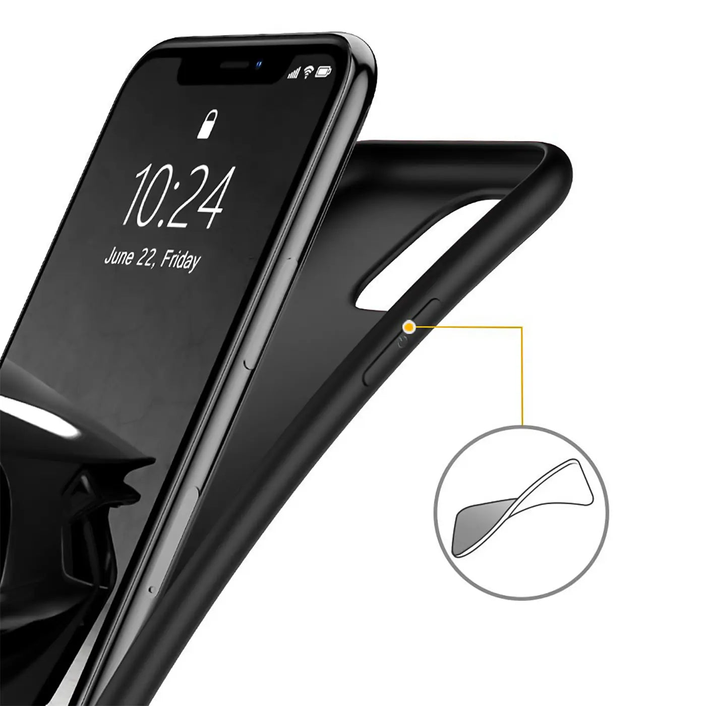Schwarze Silikonhülle, seitliche Ansicht, zeigt iPhone 11 Pro und Flexibilität.