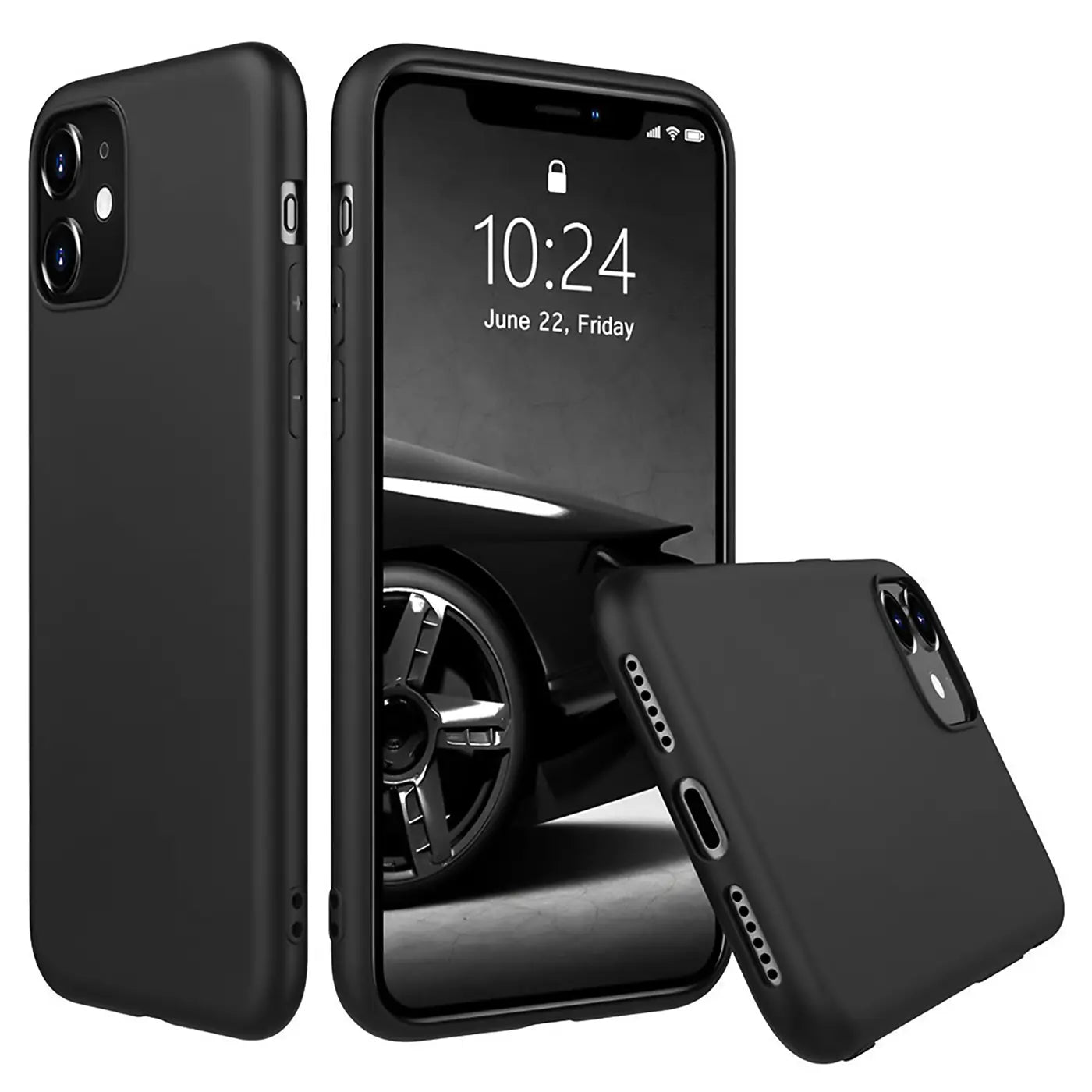 Schwarze Silikonhülle für iPhone 11, matt, von vorne und Seite gezeigt.
