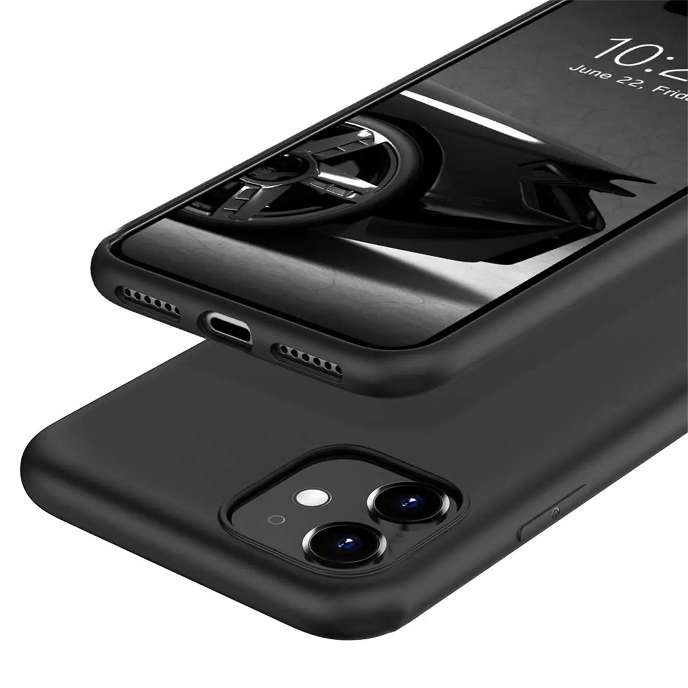 Schwarze, matte Silikonhülle für iPhone 11, von oben/seitlich gezeigt.