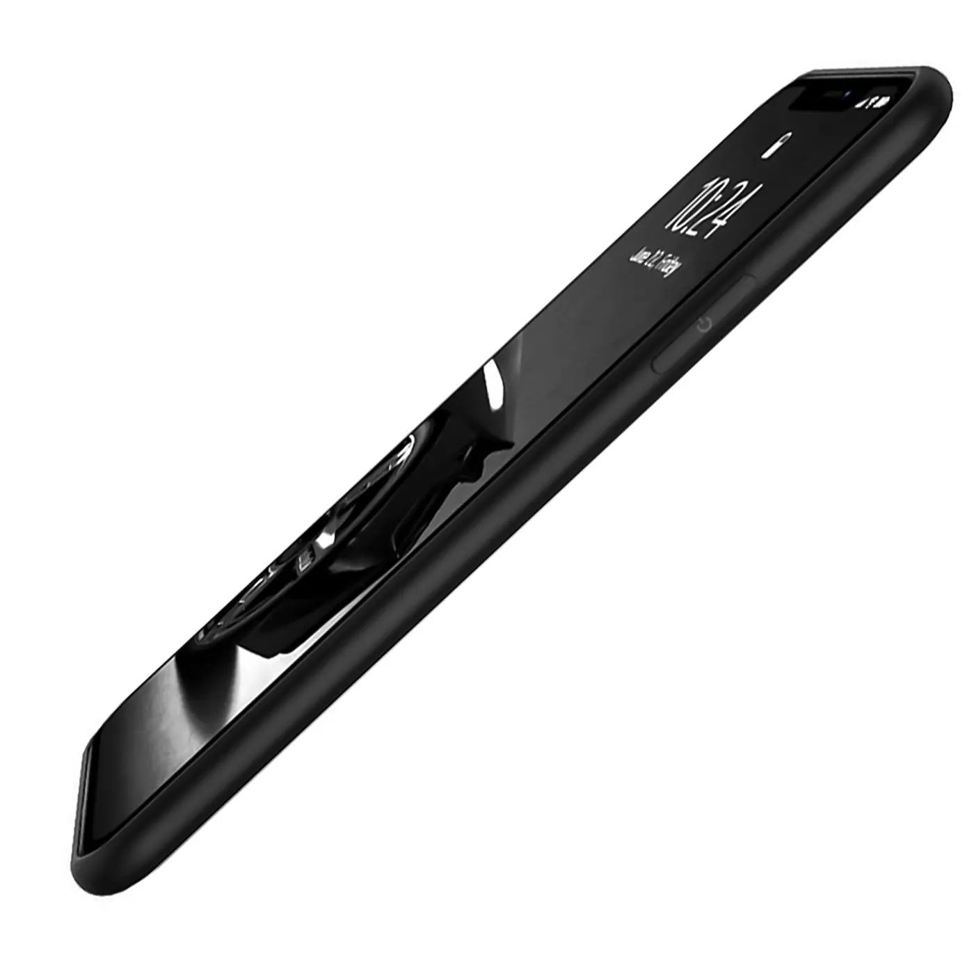 Schwarze, matte Silikonhülle für iPhone 11, von schräg oben fotografiert.