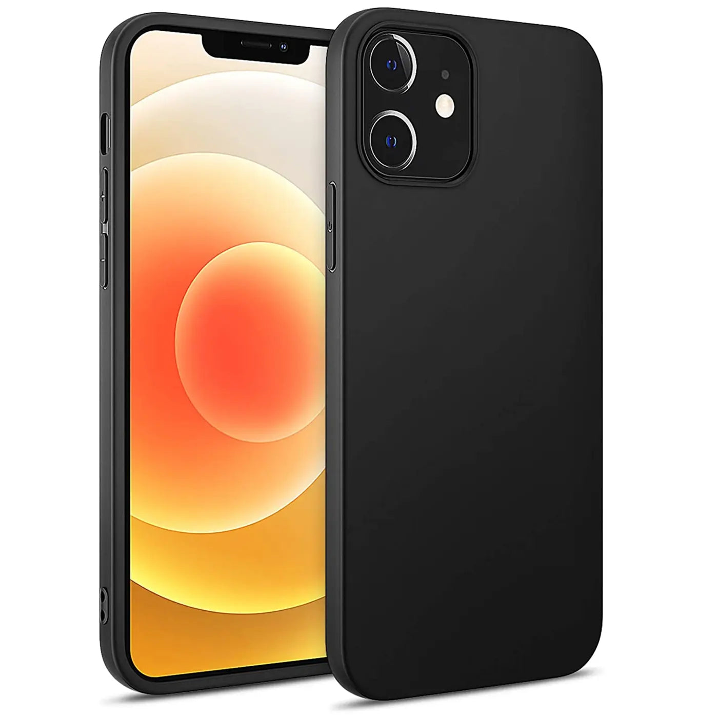 Schwarze Silikonhülle für iPhone 12 Mini, von vorne links, matt.