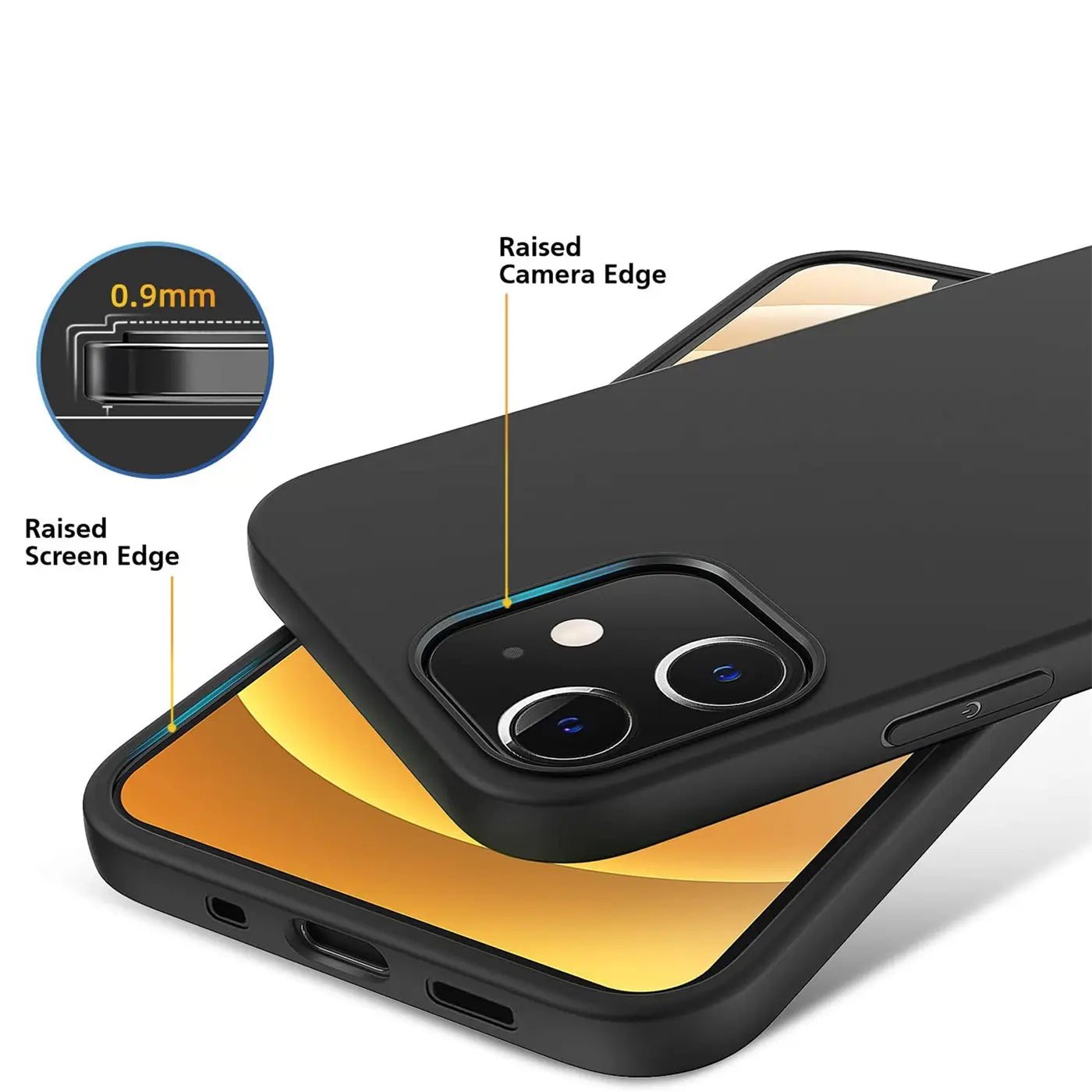 Schwarze Silikonhülle auf iPhone 12 Mini, Nahaufnahme, erhöhter Rand