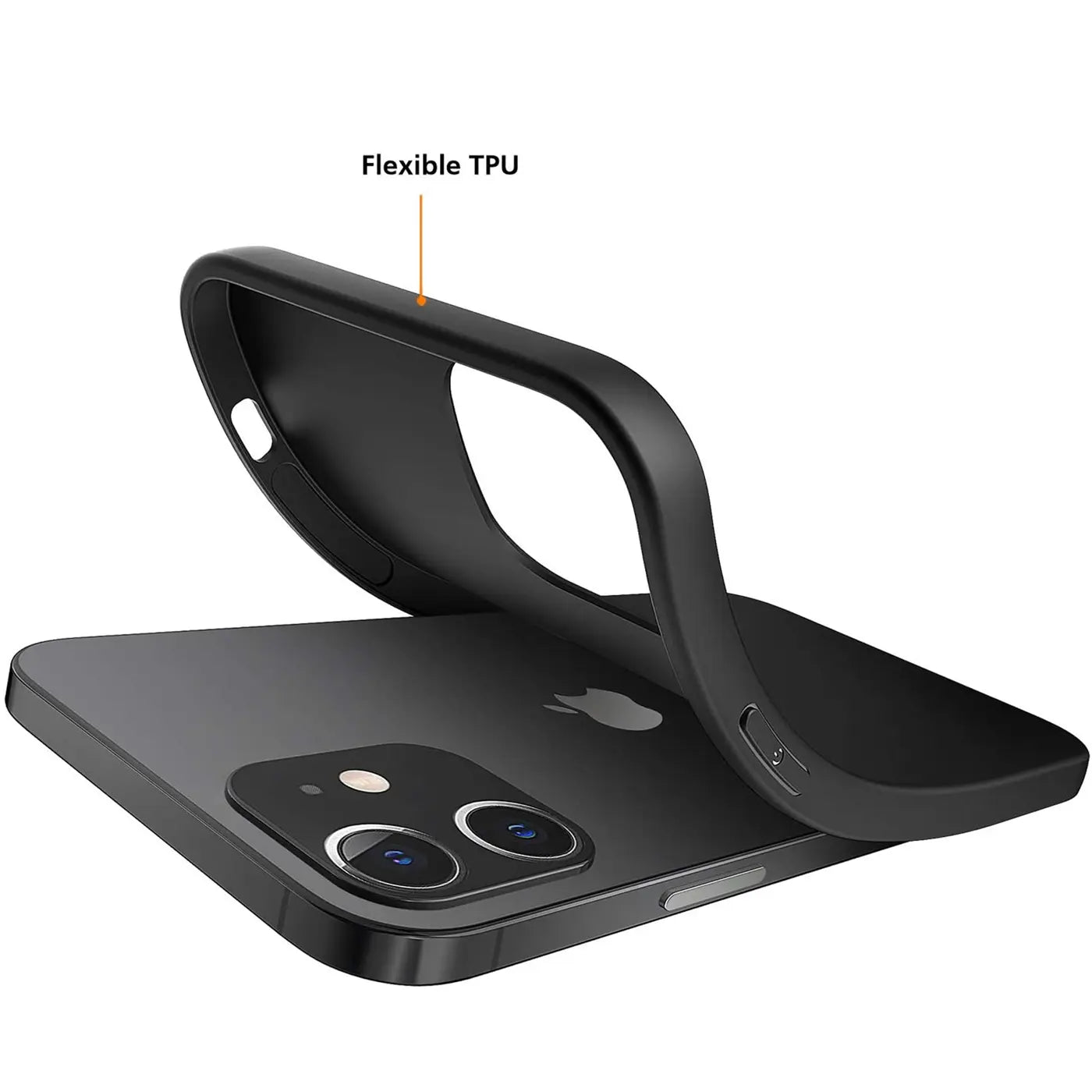 Schwarze Silikonhülle wird auf ein iPhone 12 Mini aufgezogen, Seitenansicht.