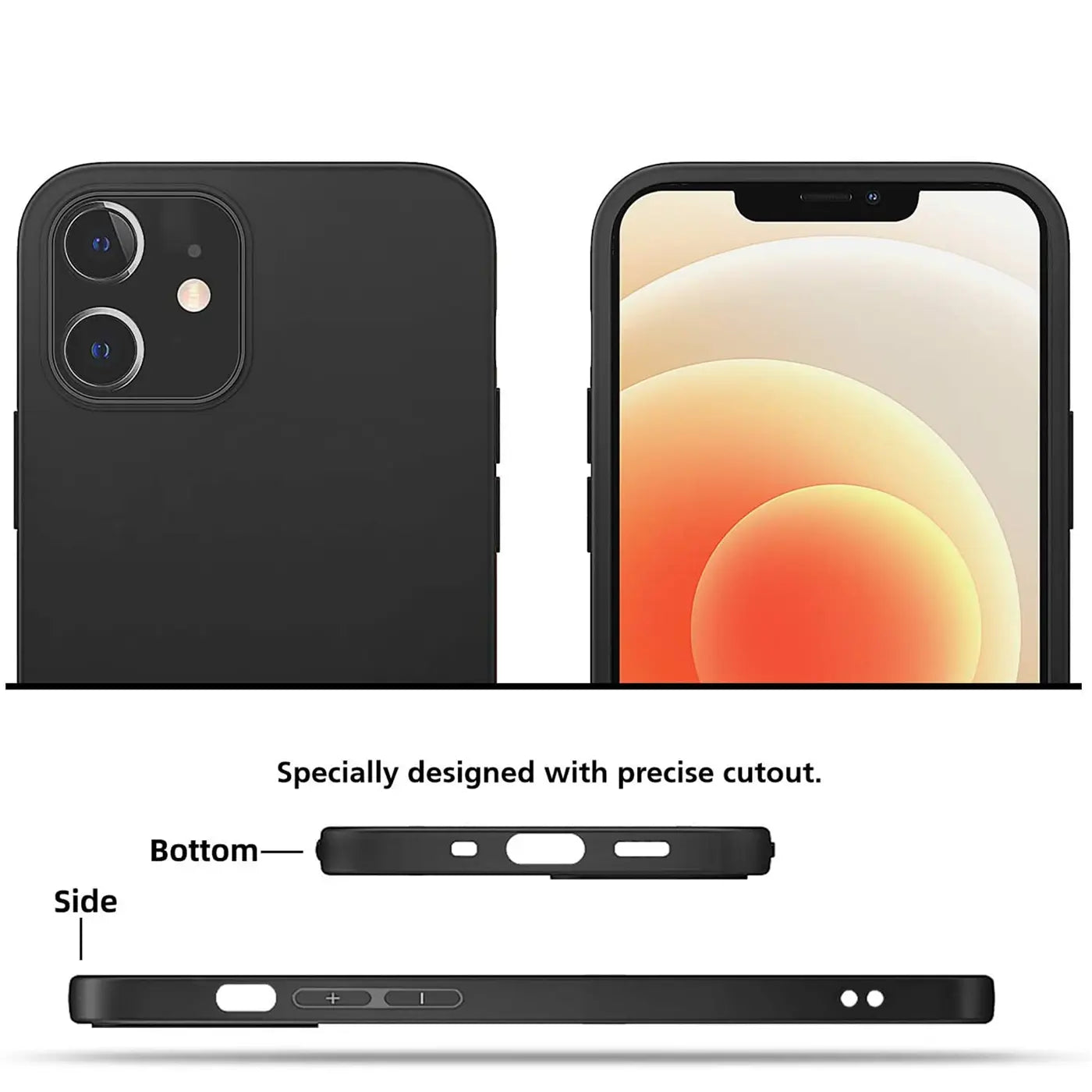 Schwarze Silikonhülle für iPhone 12 Mini, Rückansicht, Vorderansicht, Unterseite, Seite.