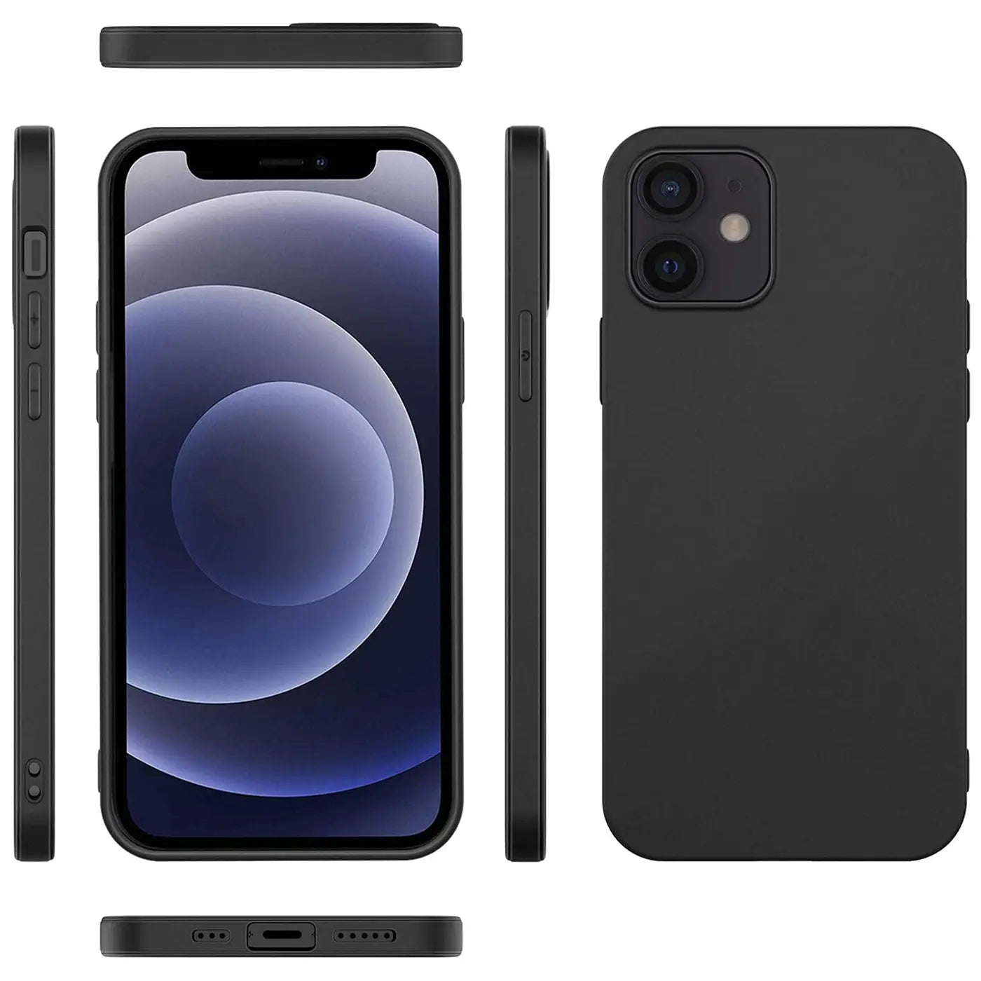 iPhone 12 Mini mit schwarzer Silikonhülle, verschiedene Ansichten.