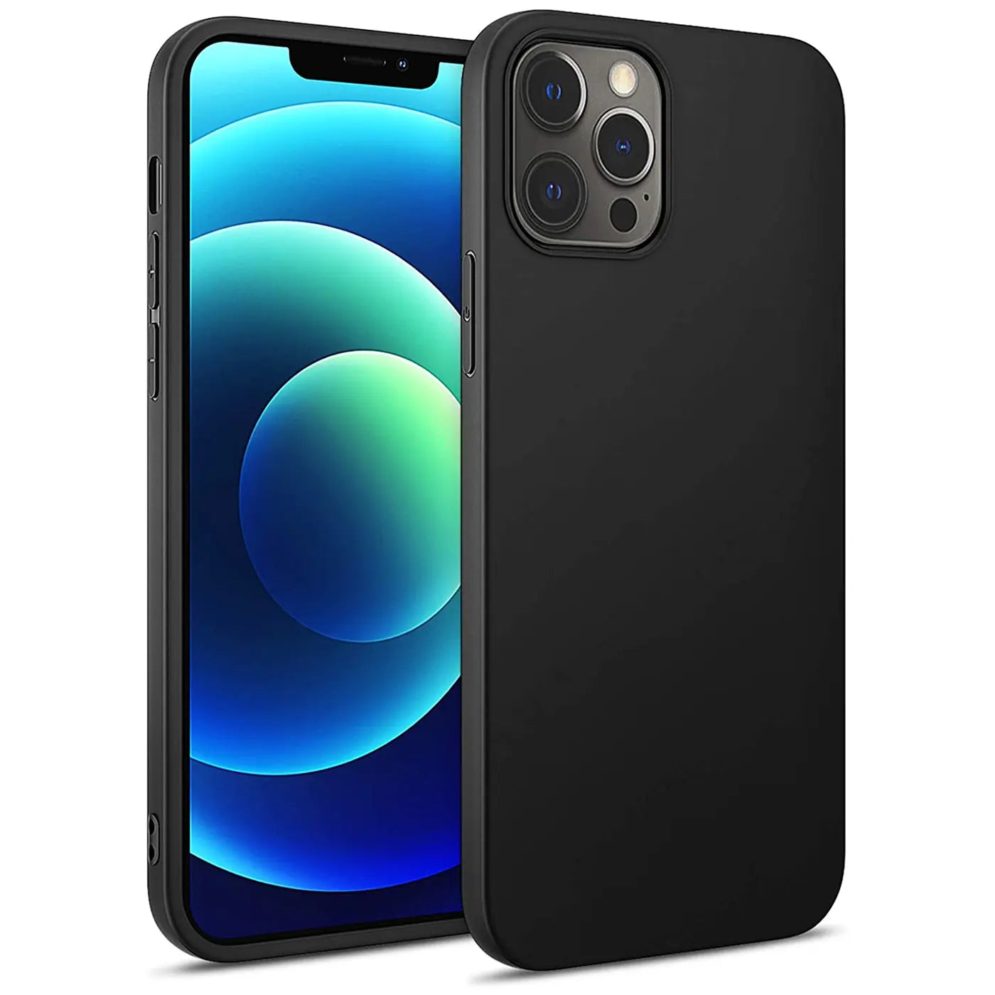 Schwarze Silikonhülle für iPhone 12 / 12 Pro, matt, von vorne links gezeigt.