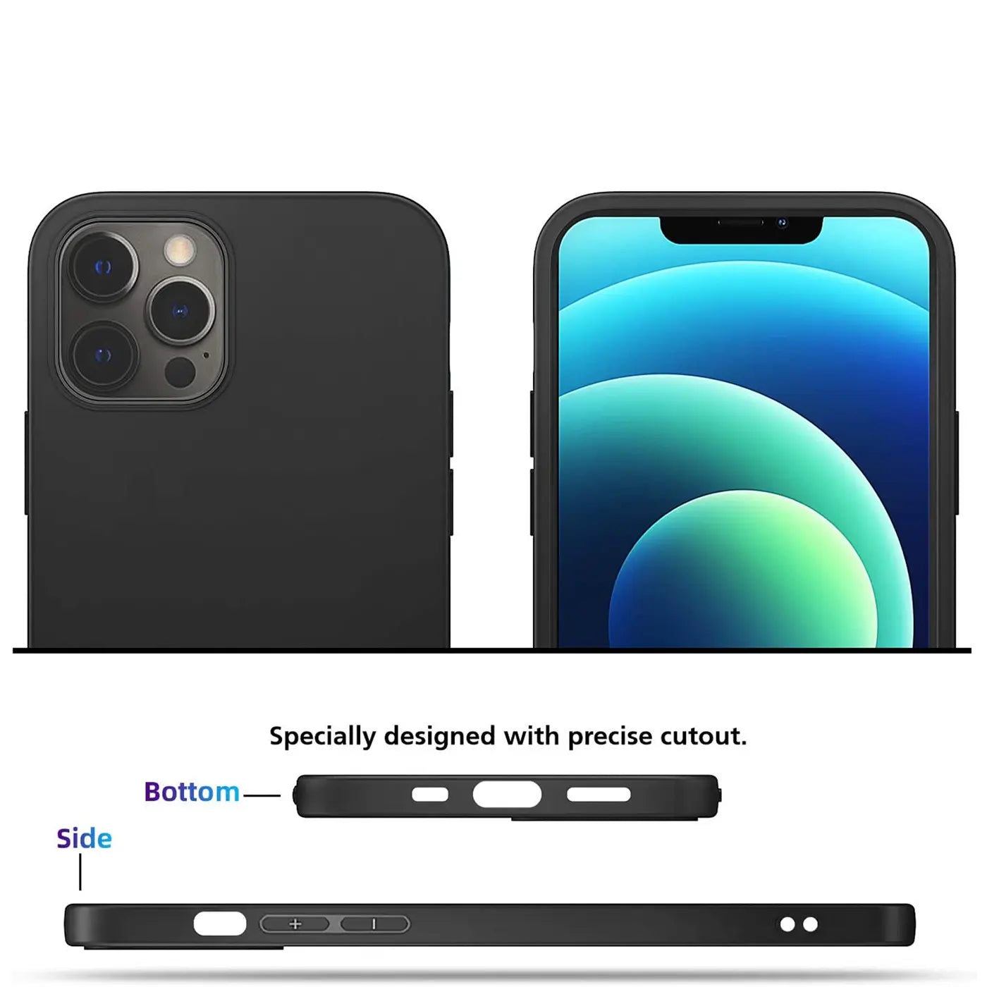 Schwarze Silikonhülle für iPhone 12/12 Pro, Rückseite und Vorderseite, Schnittansichten.